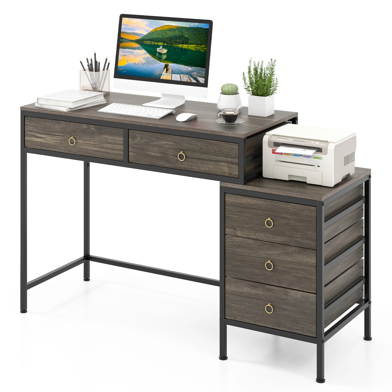 LJG Computer Desk with 5 Drawers Home Office Side File Cabinet