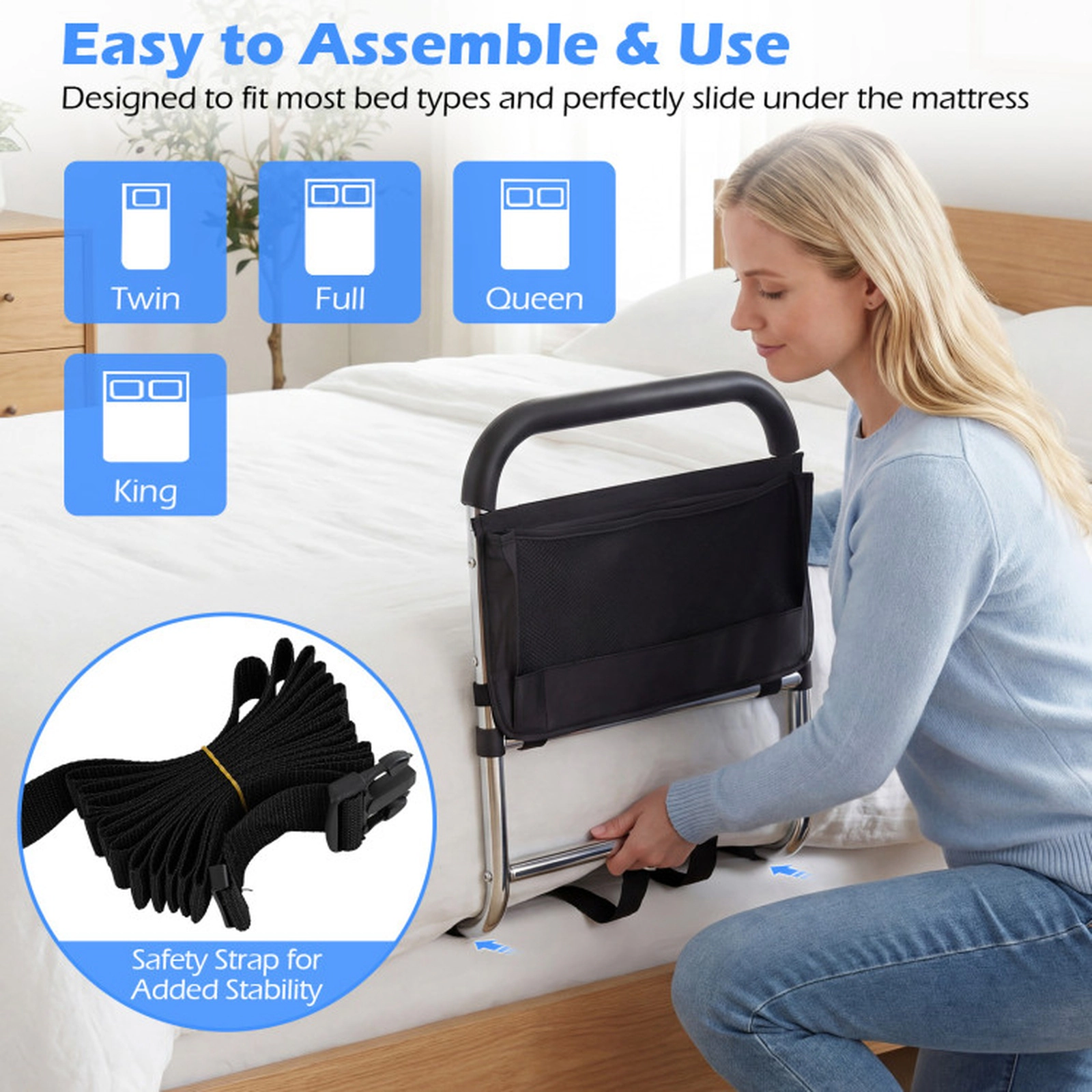 SUGIFT 220-lb Capacity 5-Level Height Adjustable Bed Rails for Elderly Adults with Padded Handrail