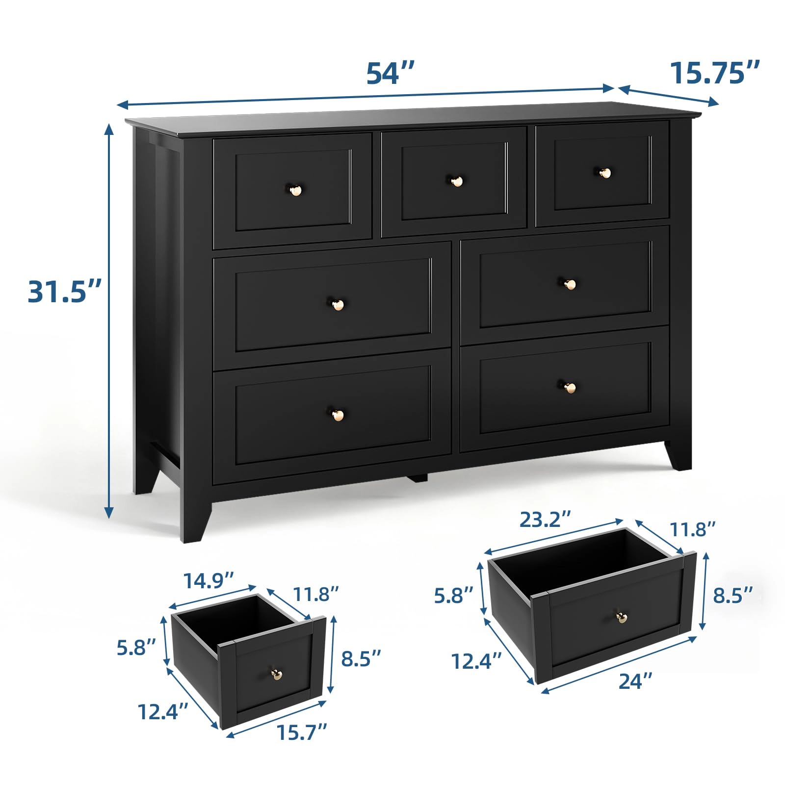 7 Drawer Dresser with Metal Knobs, 53.9" Wide Wooden Double Storage Chest for Bedroom Entryway