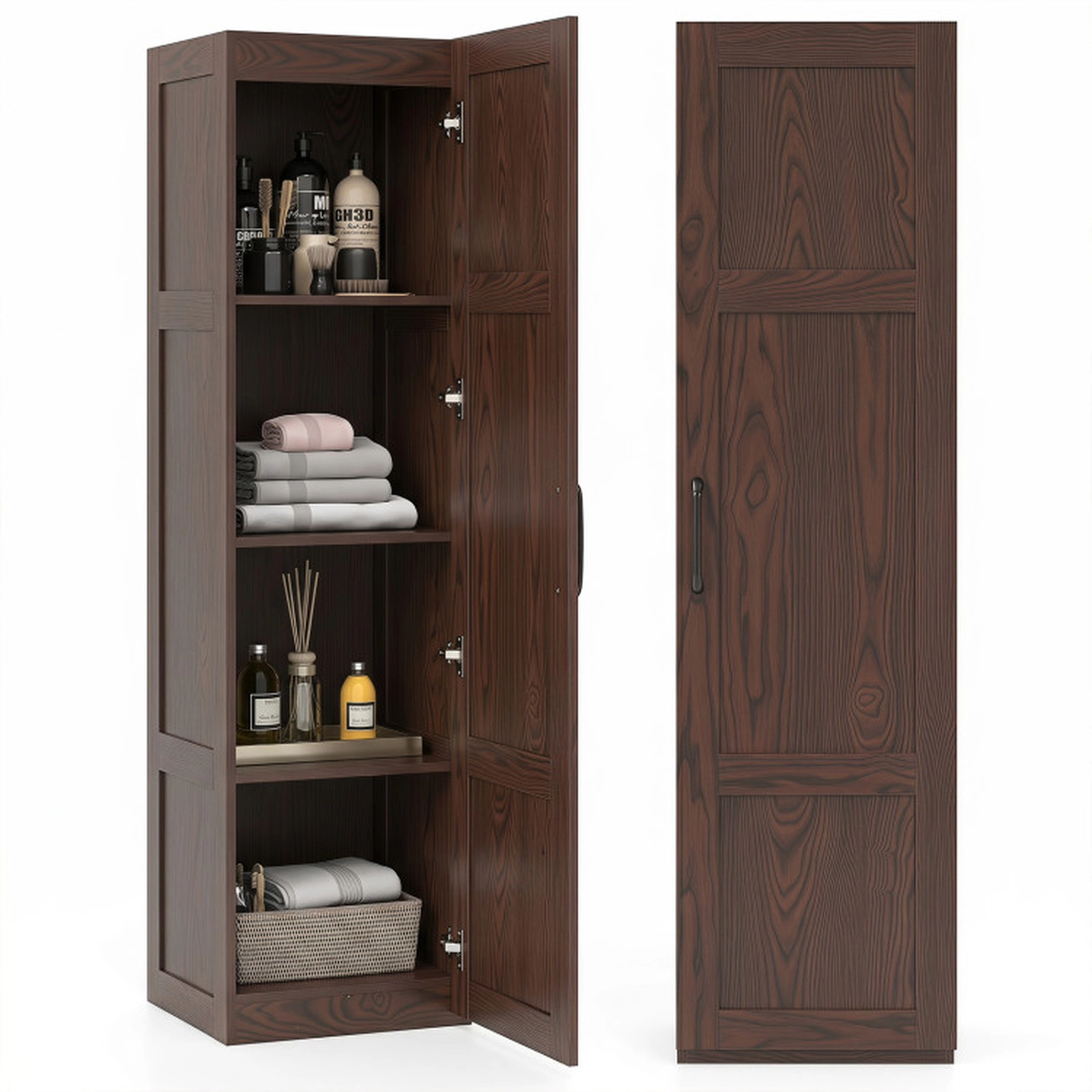 SUGIFT Single Door 4 Storage Shelves Tall Narrow Bathroom Floor Cabinet 16-in x 15-in x 59-in 110-lb Capacity Brown
