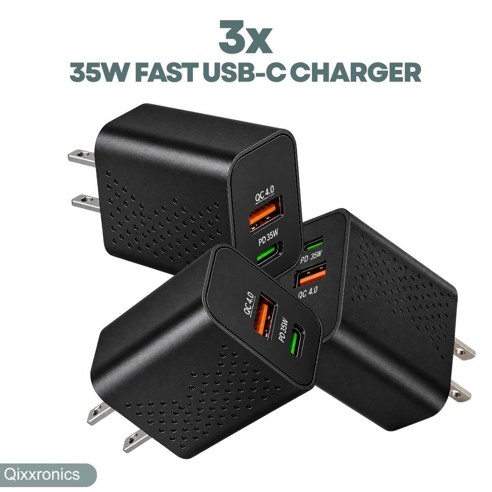 Qixxronics USB-C USB-A Port Super Fast Charger Block 35W for iPhone, Apple Watch, iPad, Samsung Galaxy, Google & More [3-Pack]
