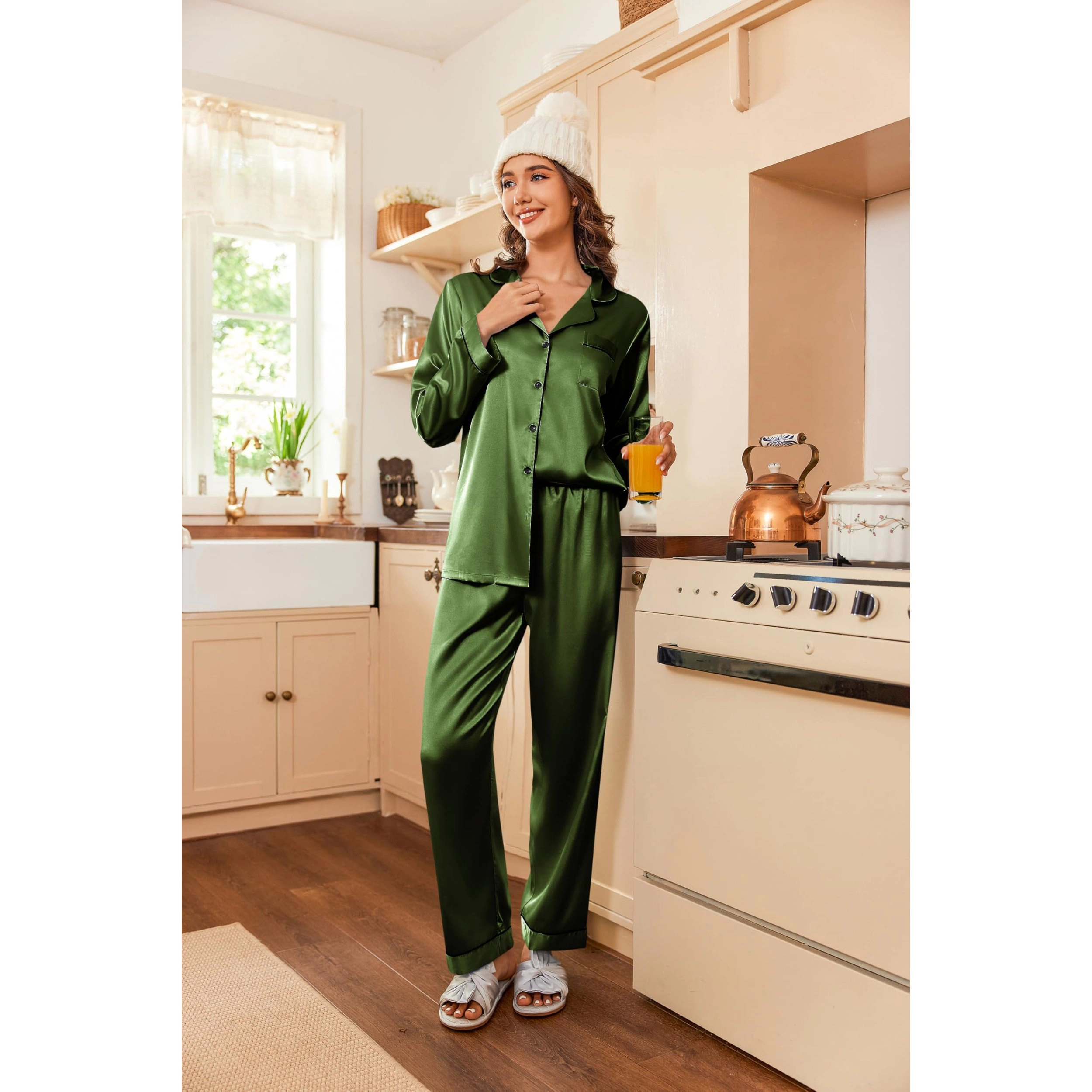 Ekouaer Womens Satin Pajama Set Classic Pattern Silky Sets Button Down Sleepwear Loungewear
