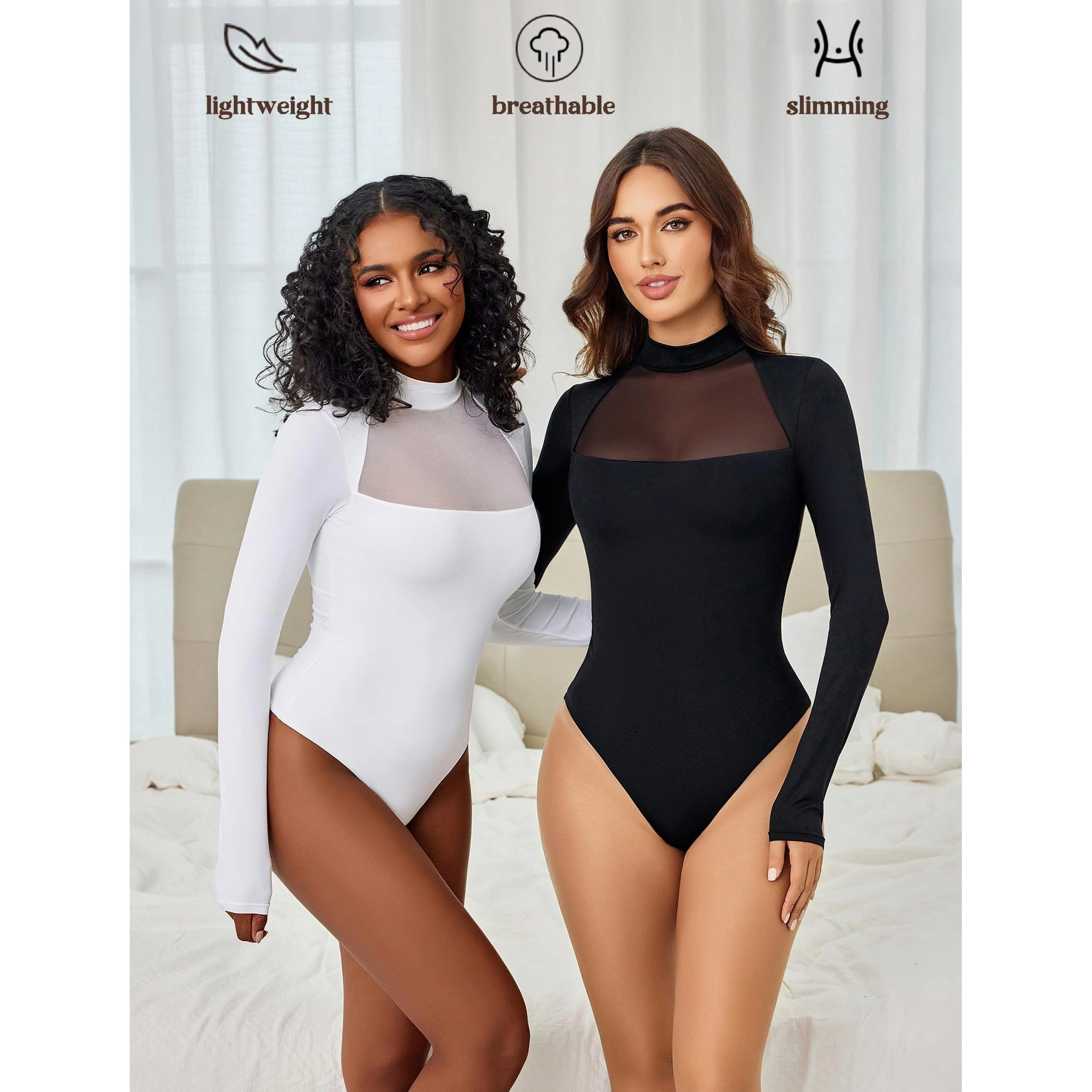 Avidlove Women's Mock Neck Sheer Mesh Panel Double Lined Thong Long Sleeve Bodysuit
