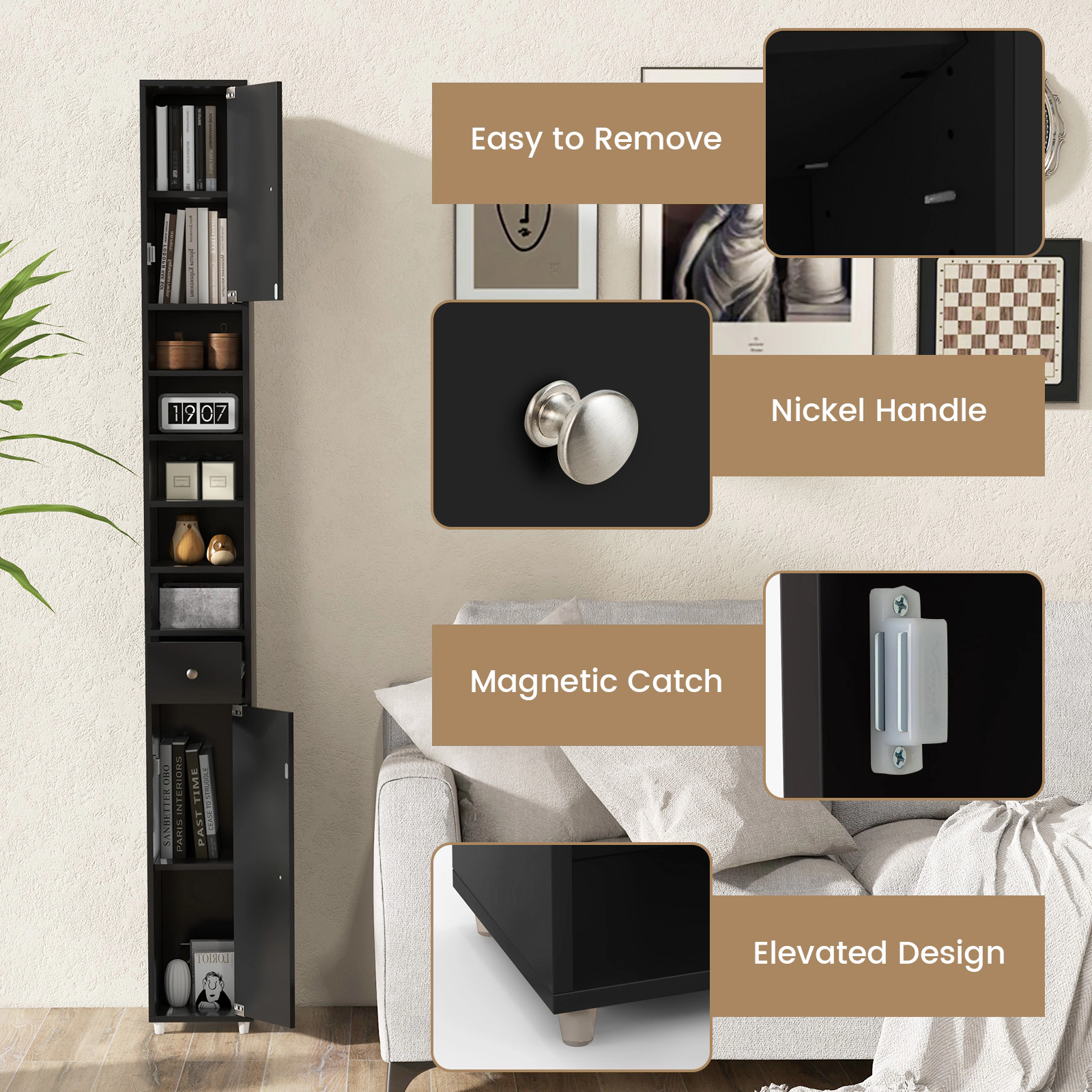 Glintex 71-Inch Slim Bathroom Tower with 5 Adjustable Shelves and 1 Drawer