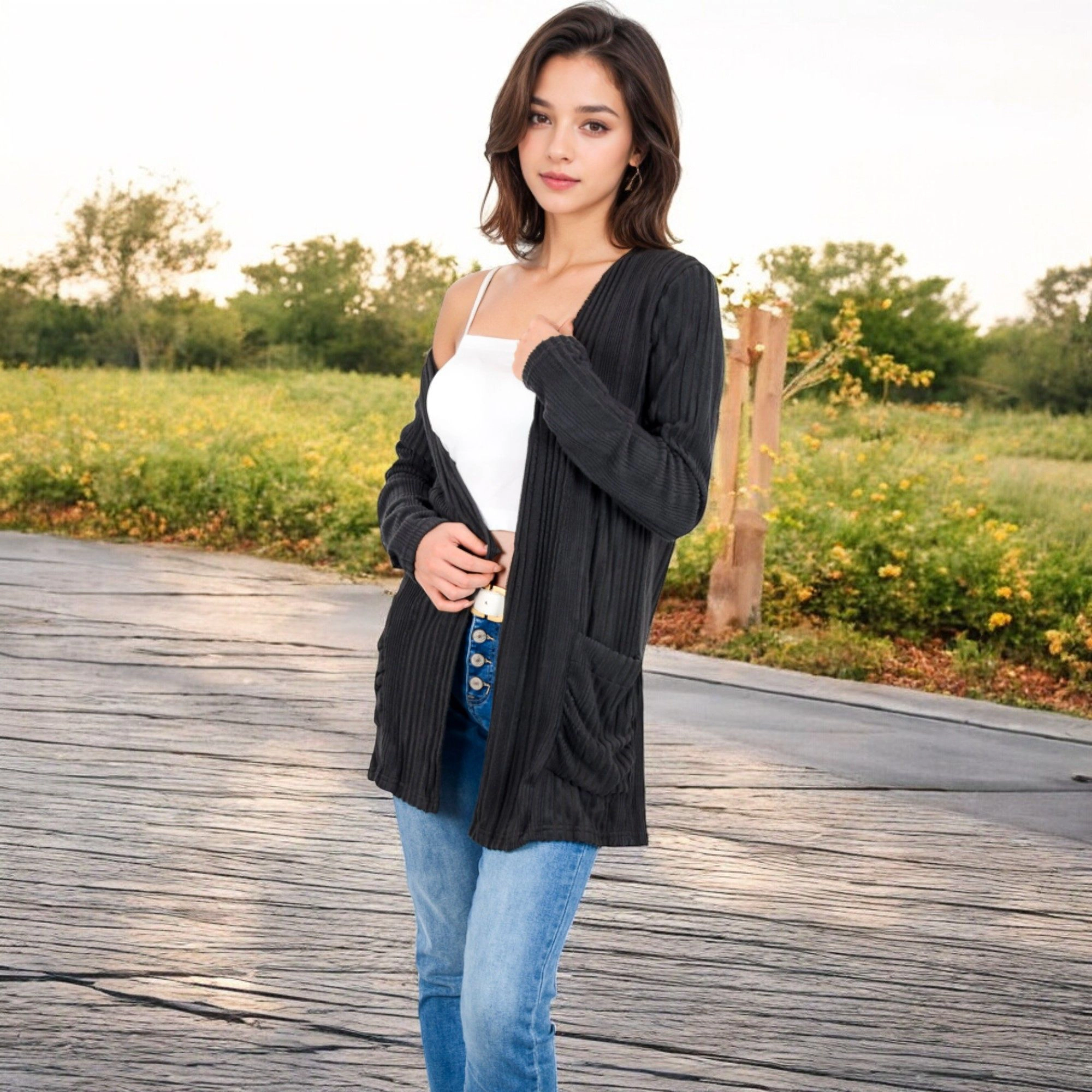 Anna-Kaci Women's Open Front Ribbed Cardigan with Long Sleeves and Pockets