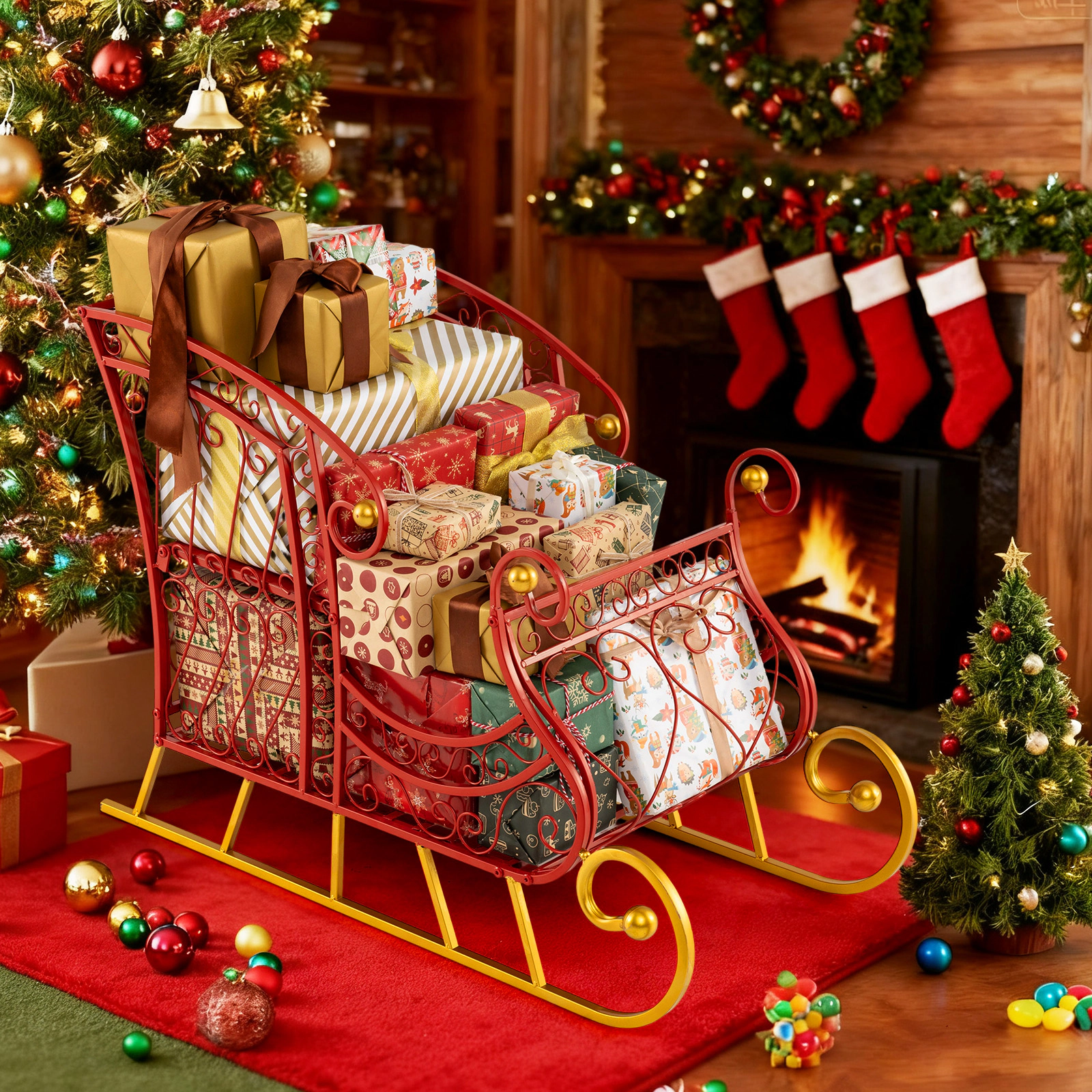 SUGIFT Red and Gold 2-Tier 33.5-in Metal Christmas Santa Sleigh Basket for Gift and Ornament Storage