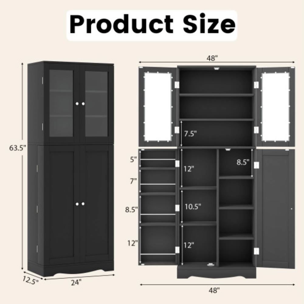 Hivvago Tall Kitchen Pantry Cabinet With Dual Tempered Glass Doors And Shelves