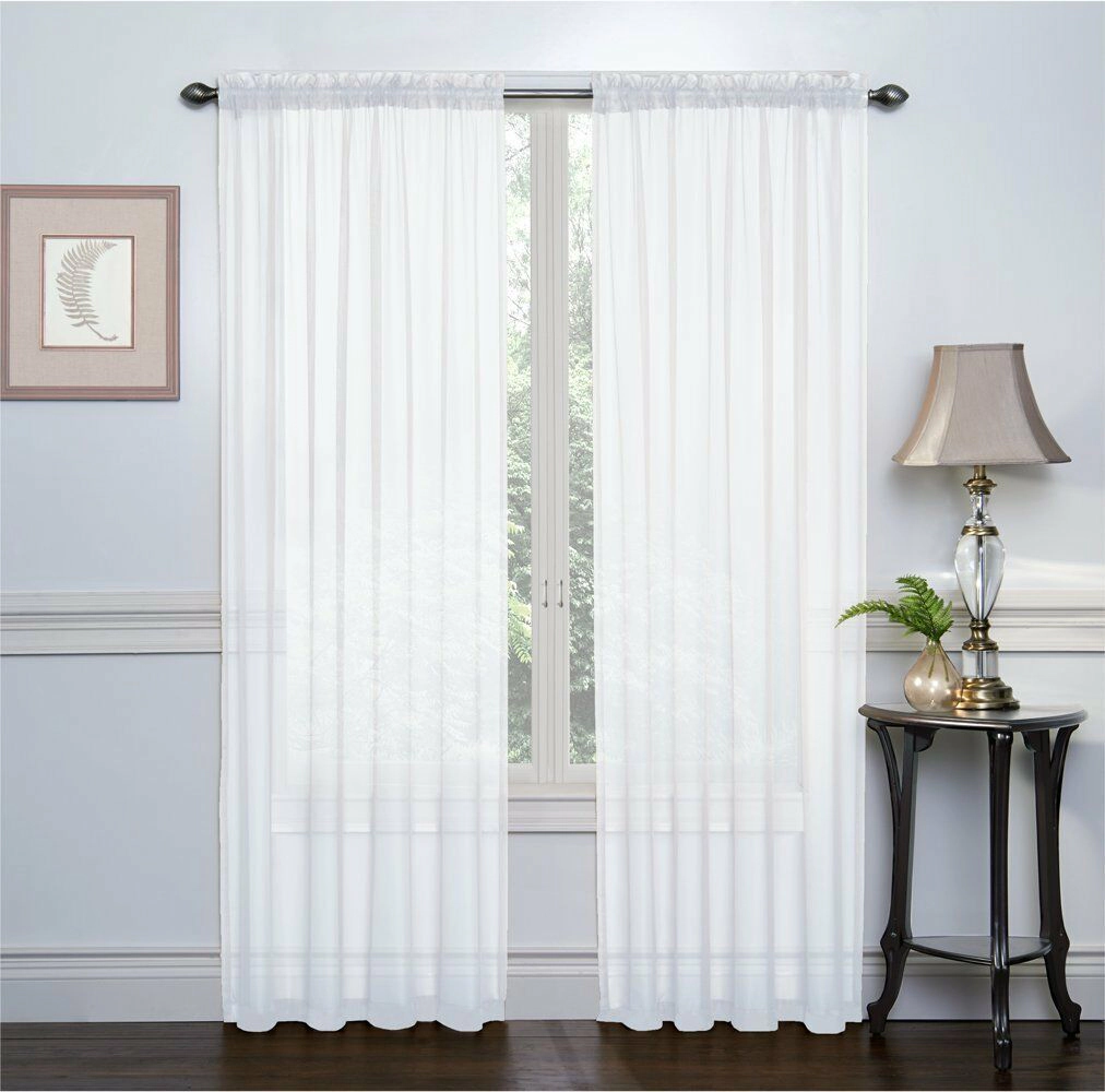 GoodGram 2 Piece White Basic Rod Pocket Sheer Voile Window Curtain Panels - 84 in. Long