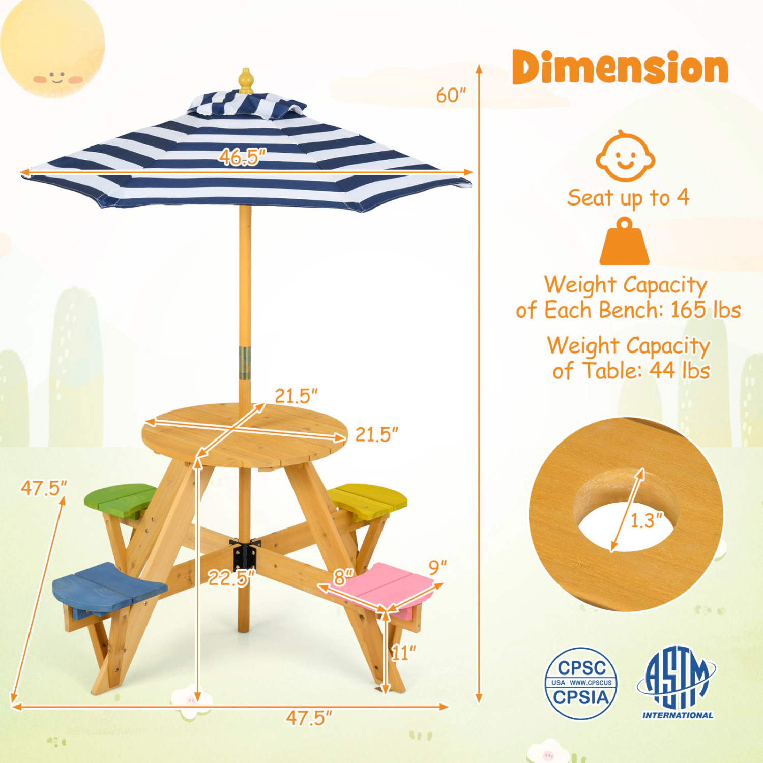 Hivvago Kids Picnic Table With Stools And Foldable Adjustable Umbrella For Backyard And Patio