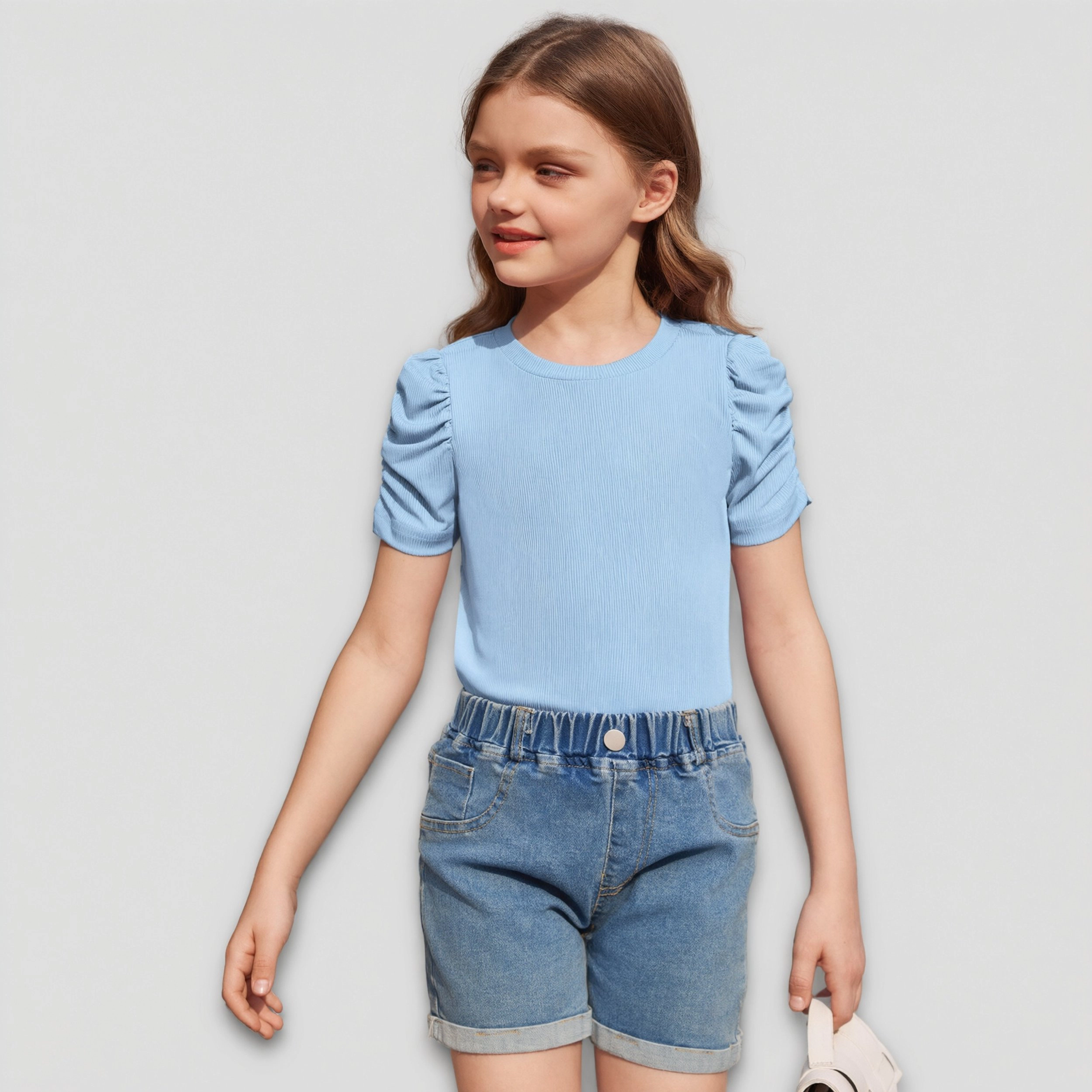 Arshiner Girl's  Creweck Puff Sleeve Ribbed Knit Casual T-Shirt