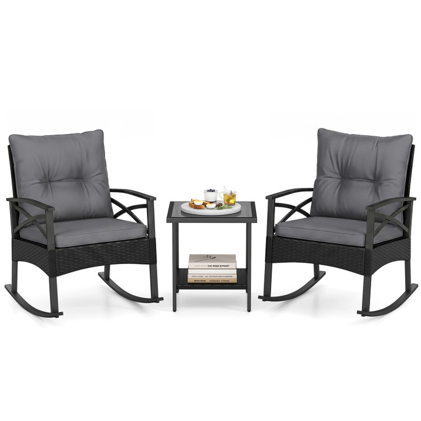 SUGIFT 3-Piece Outdoor Rattan Rocking Conversation Set Rocking Chairs & 2-Tier Side Table 400-lb Chair Capacity Black