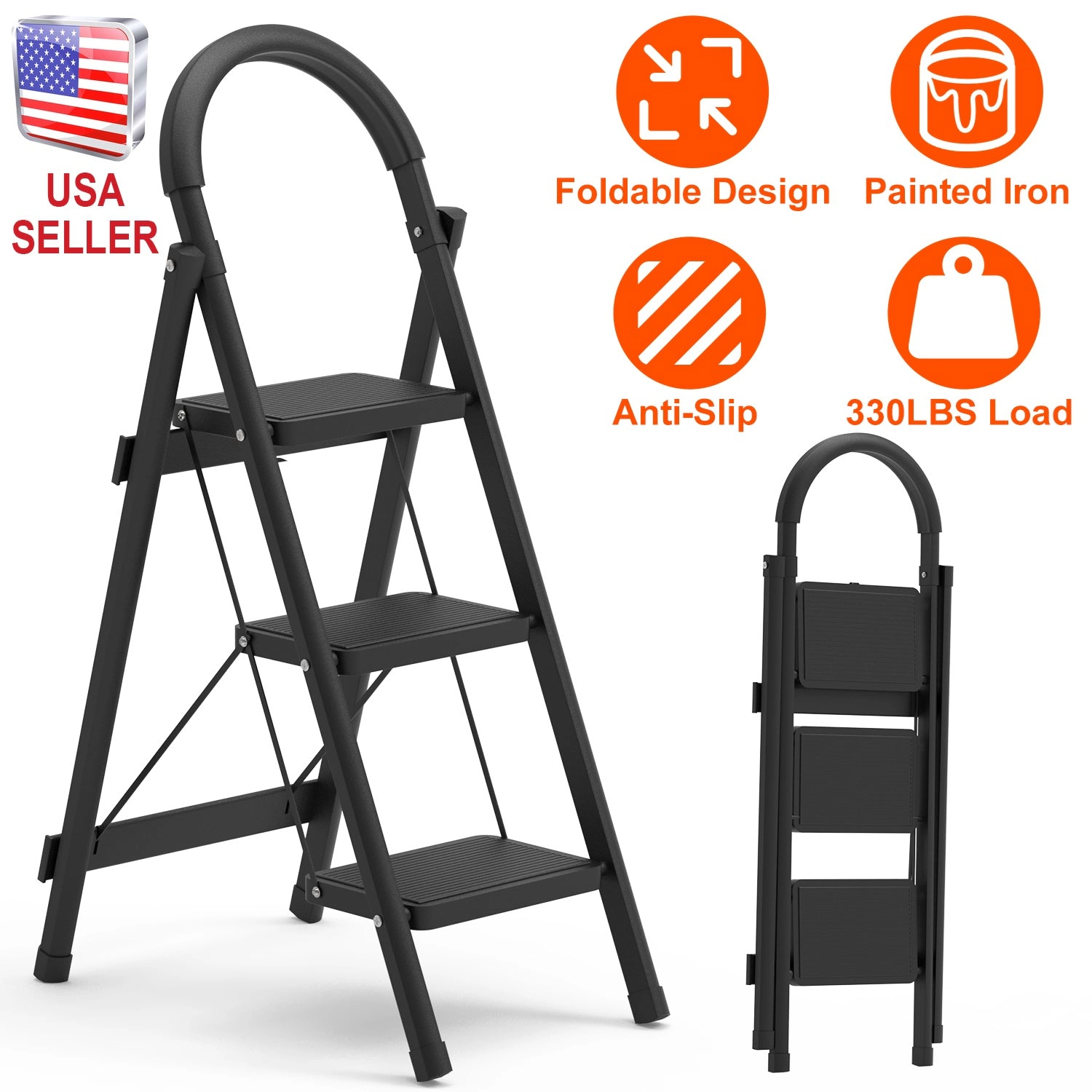 GBruno 3-Step Foldable Ladder With Anti-Slip Pedal