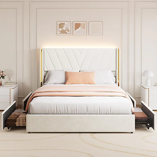 BebreezChic Full Velvet Upholstered Bed Frame with LED Lights, 4 Drawers, Wingback Headboard and Charging Station