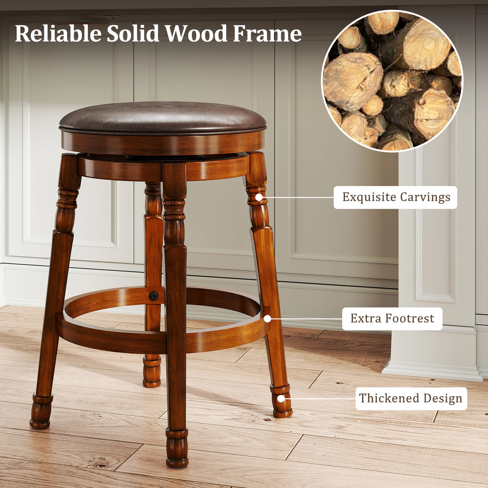 SUGIFT Round Padded Leather Seat Set of 2 Walnut 24 in Swivel Backless Bar Stools