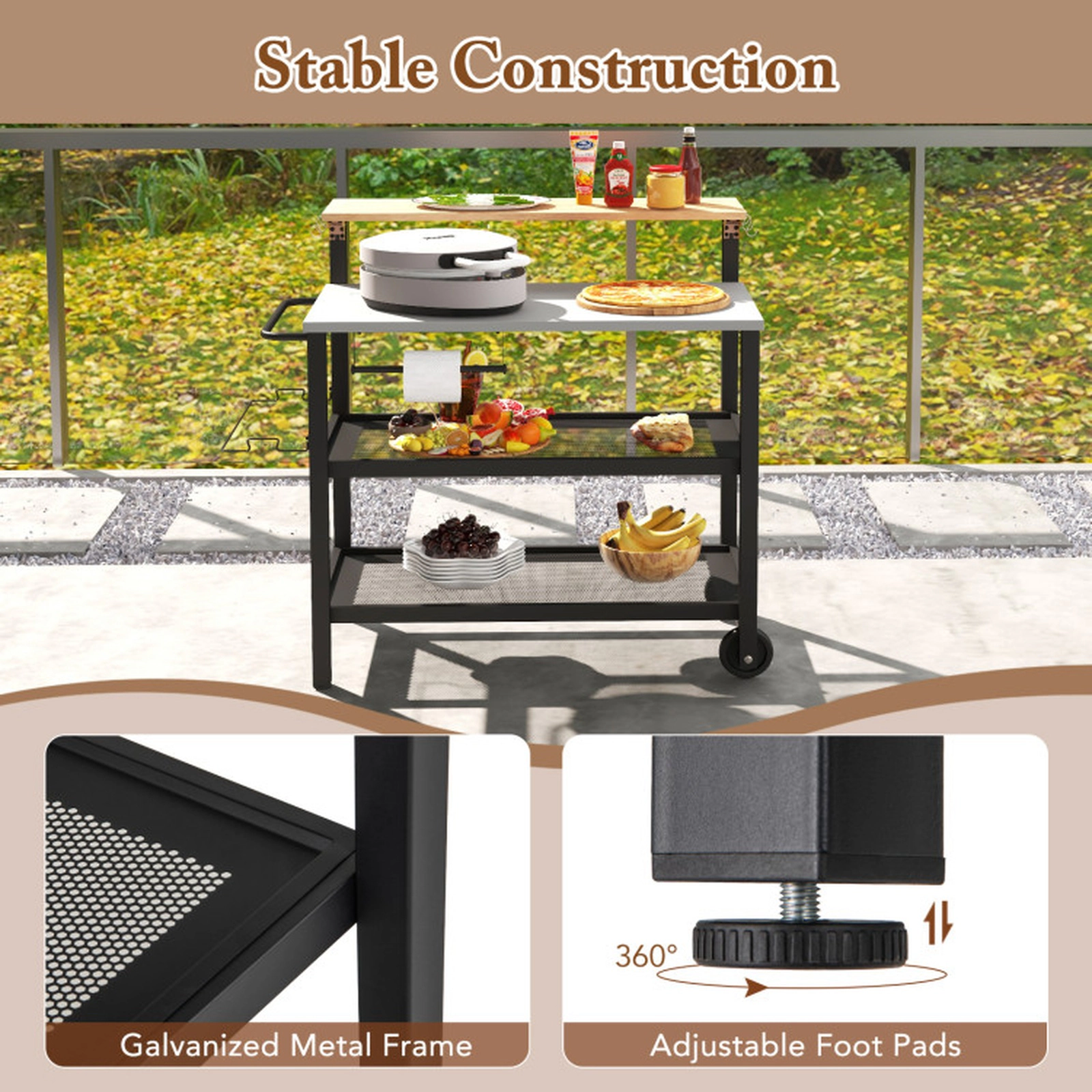 SUGIFT 3-Tier Galvanized Metal Flip-Up Table 6 Hooks Rolling Bar Cart 46-in x 22-in x 51-in 300-lb Capacity Black