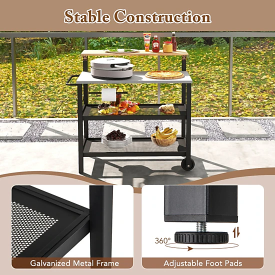 SUGIFT 3-Tier Galvanized Metal Flip-Up Table 6 Hooks Rolling Bar Cart 46-in x 22-in x 51-in 300-lb Capacity Black
