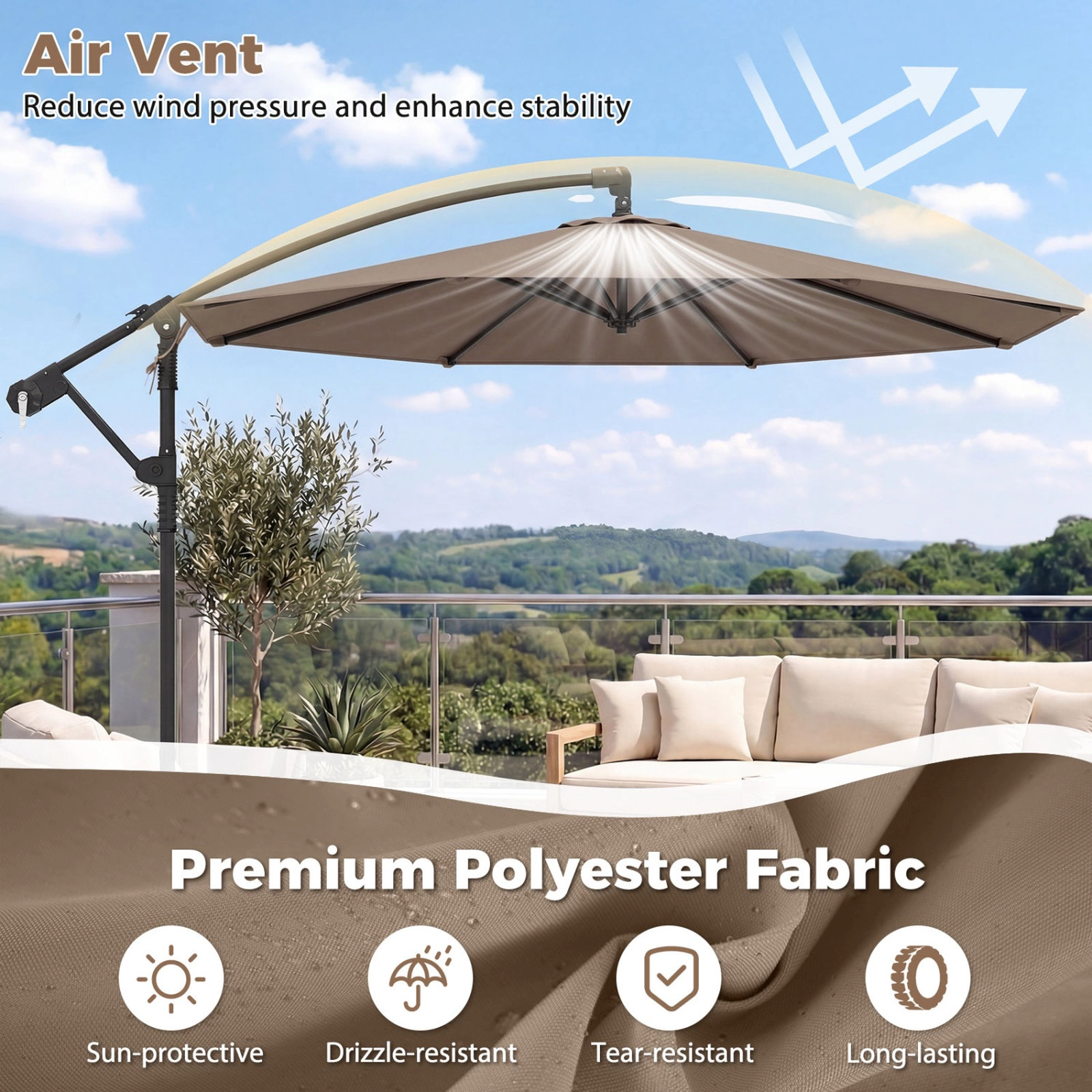 SUGIFT 10-ft Taupe Offset Cantilever Patio Umbrella with Base 220-lb Sandbags and Infinite Tilt for Deck