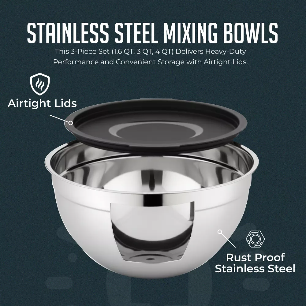 Luminuxe Stainless Steel Mixing Bowls w/ Lids, Set of 3 Durable Rust Resistant Nonslip Nesting Bowls for Cooking, Baking