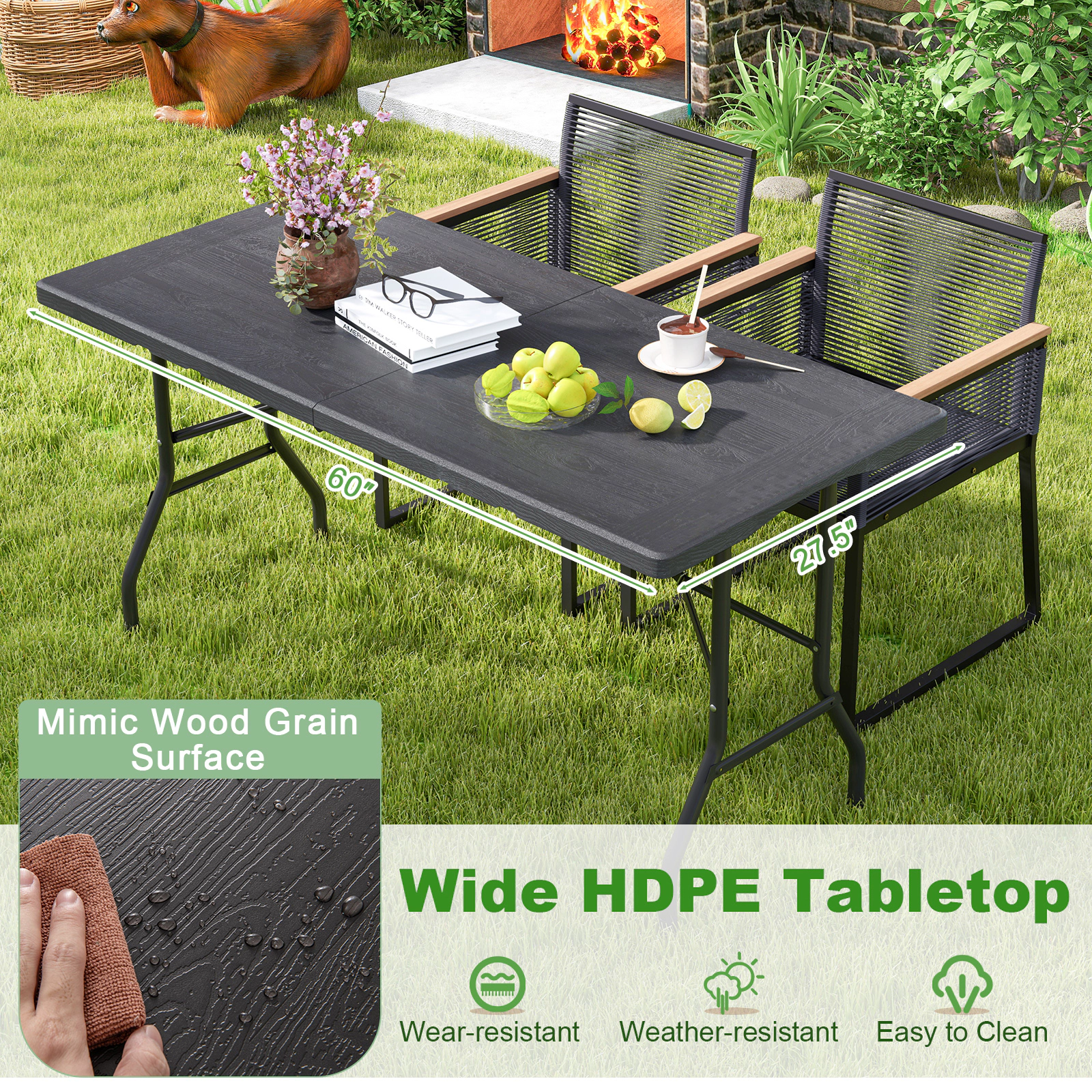 SUGIFT 5 ft Folding Picnic Table Black HDPE Wood Grain Top with Carry Handle