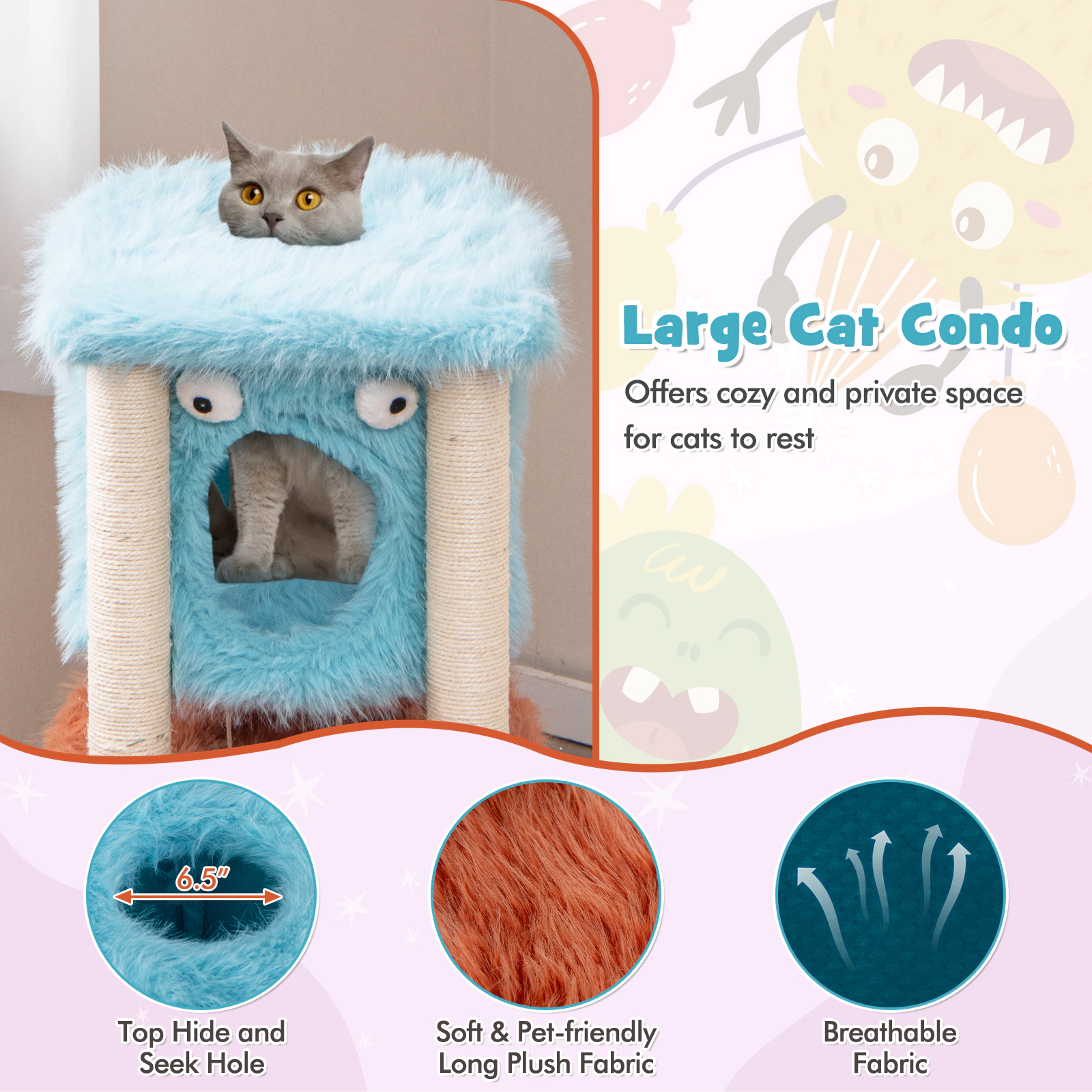 SUGIFT Blue Monster-Themed Cat Tower with Hanging Condo and Long Plush Cover