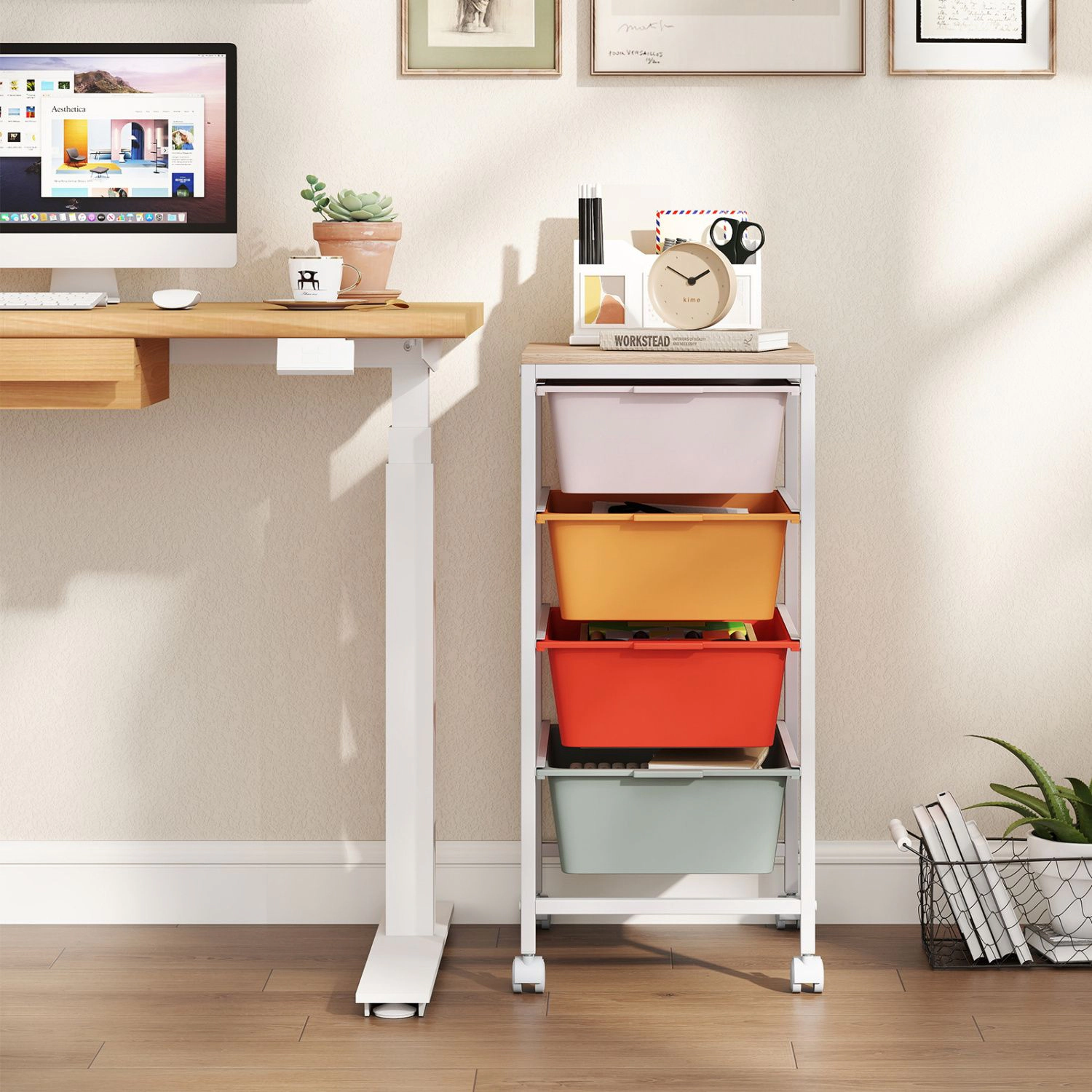 SlickBlue 4 Drawer Rolling Storage Cart with Wooden Top for Office Home Organization