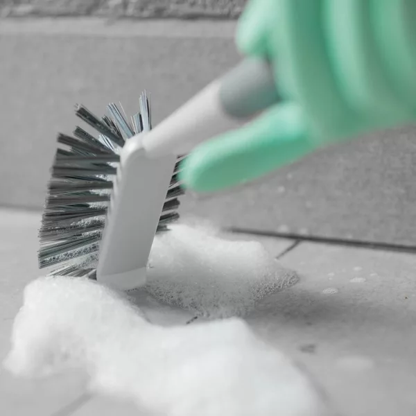 OU Multipurpose Scrub Brush, Heavy Duty Cleaning Brush for Bathroom & Kitchen Nonslip Soft Grip Handle Built-In Scraper
