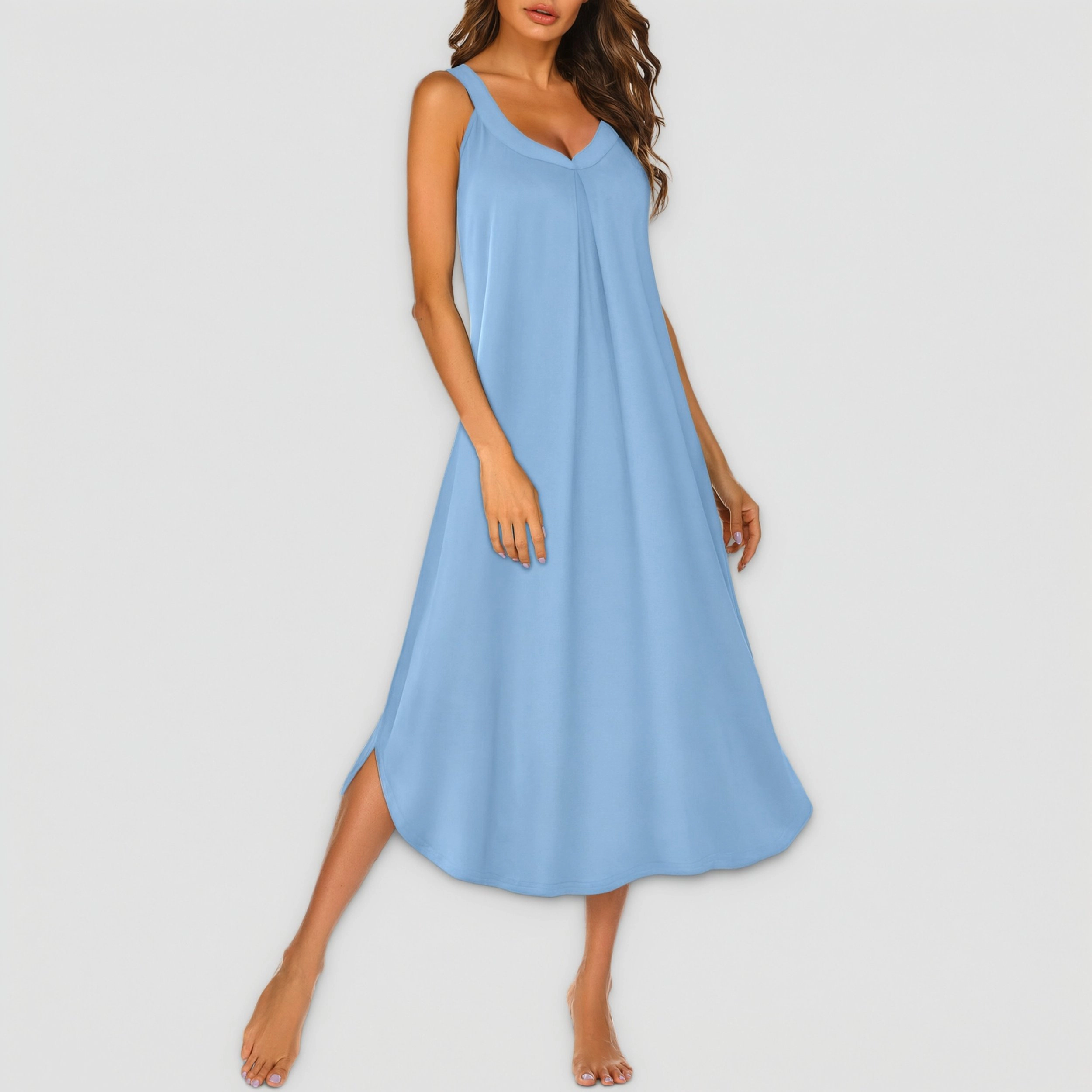 Ekouaer Sleeveless Nightgowns Long Nightgown Pleated Full Length Tank Sleep Dress Slit