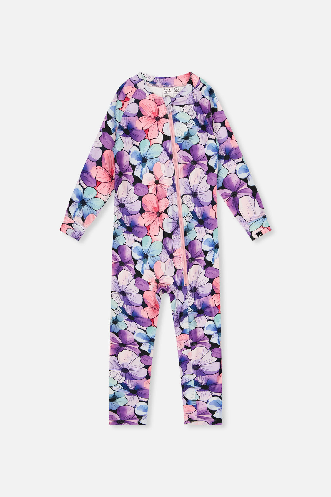 Deux par Deux Girls One Piece Floral Print Asymmetric Zip Thermal Underwear