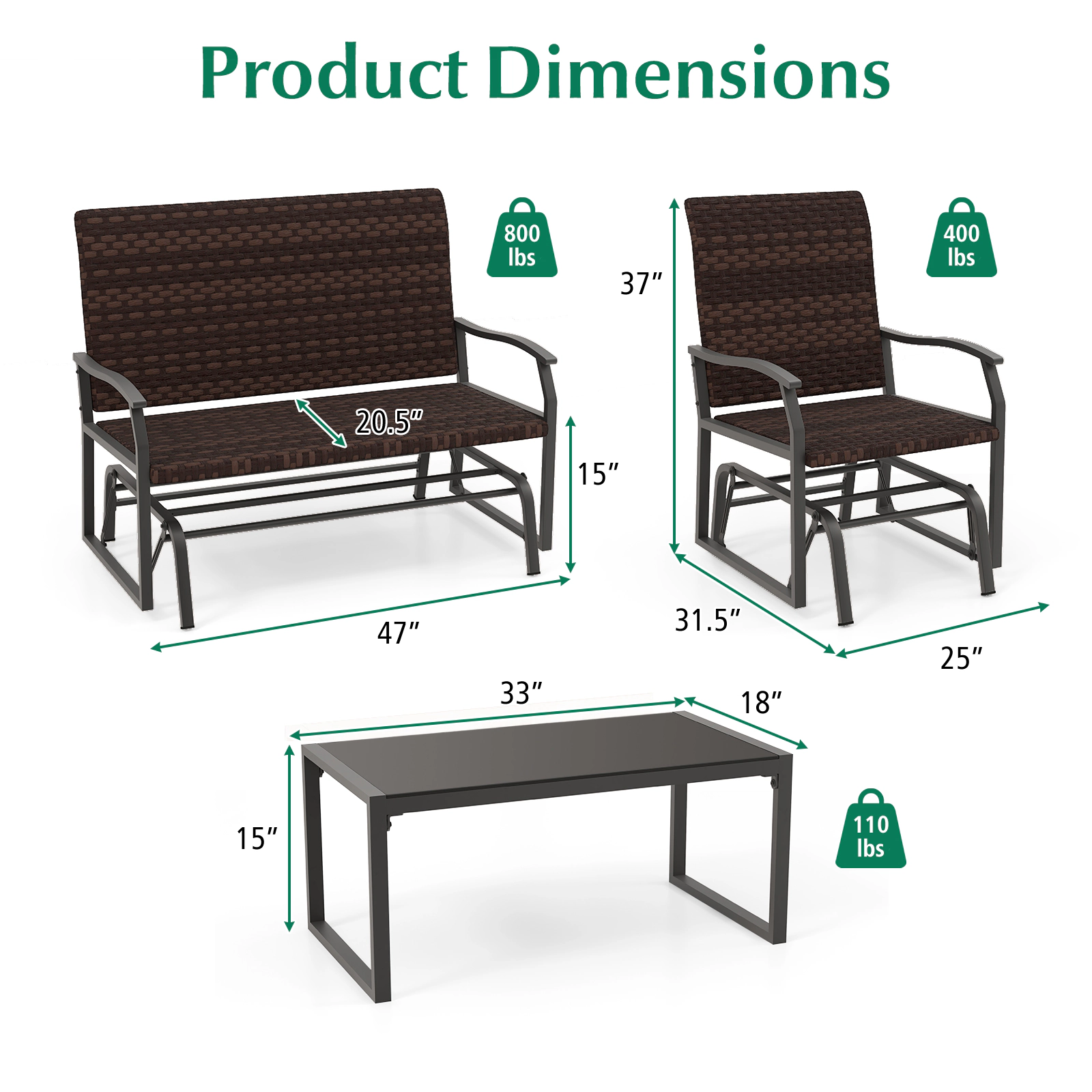 LJG 4 Piece Patio Gliding Set Wicker Swing Glider Furniture Set All Weather Witrh Tempered Glass Coffee Table