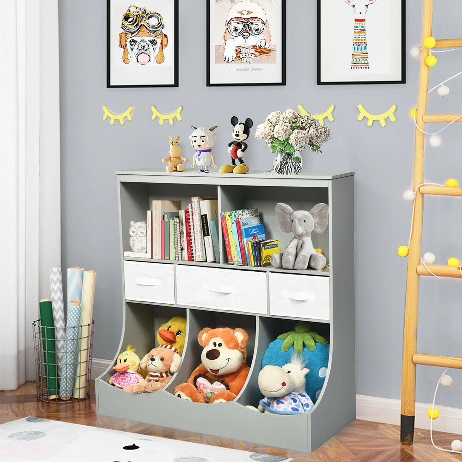 SUGIFT 37-in Combo Cubby Bin Storage Organizer with Drawers and Bins 66-lb Top Capacity Toy Unit Gray Brown White