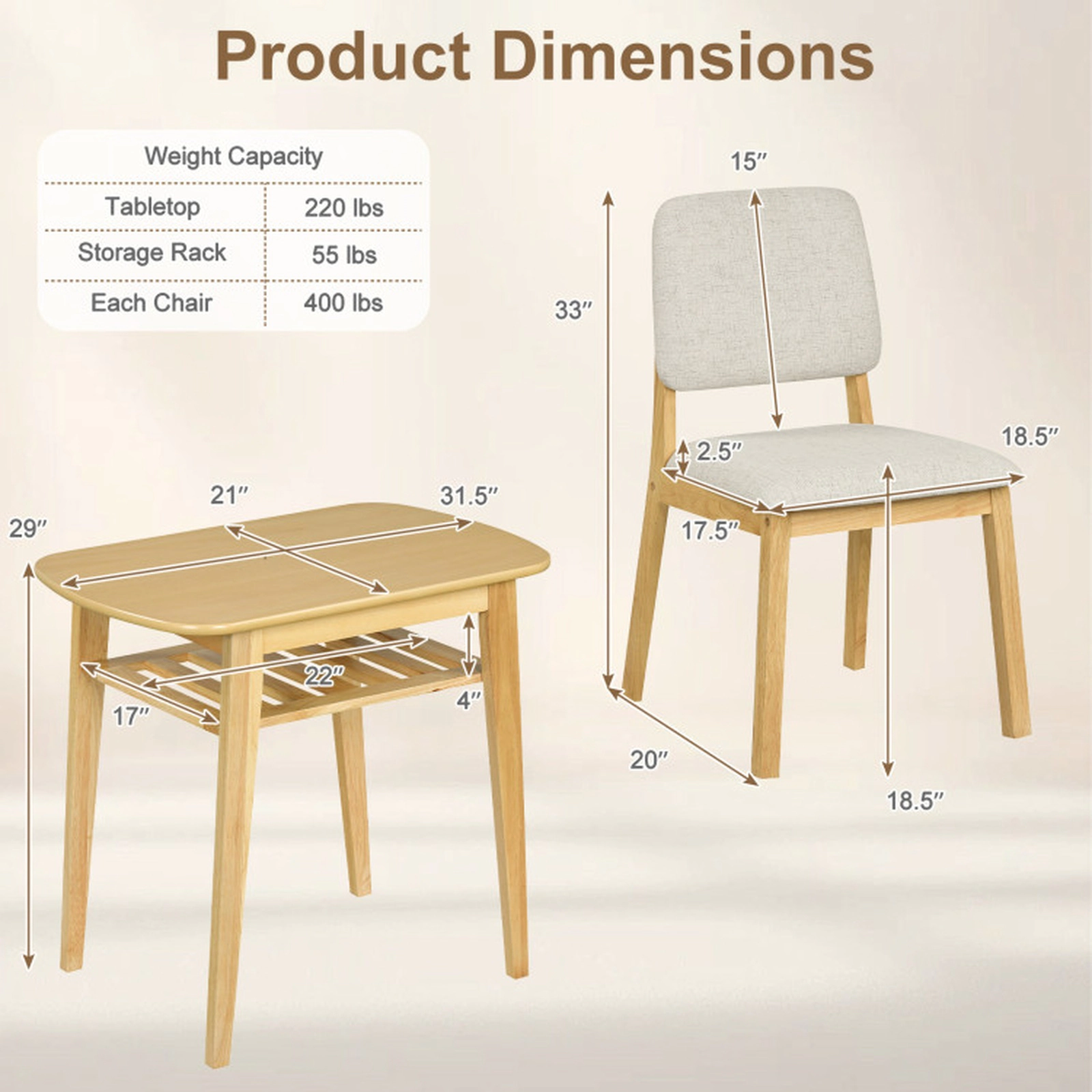 SUGIFT 3-Piece Wood Dining Table Set for 2 with Upholstered Chairs 220-lb Tabletop Capacity Beige and Natural