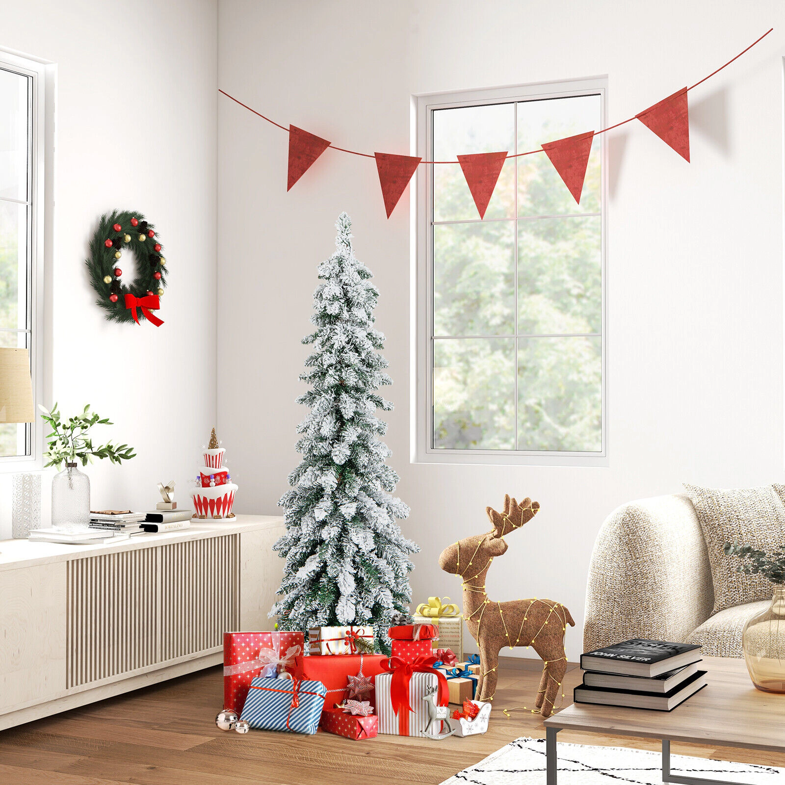 LJG Pre-Lit Artificial Christmas Tree Snow-Flocked Slim Pencil Xmas Decor