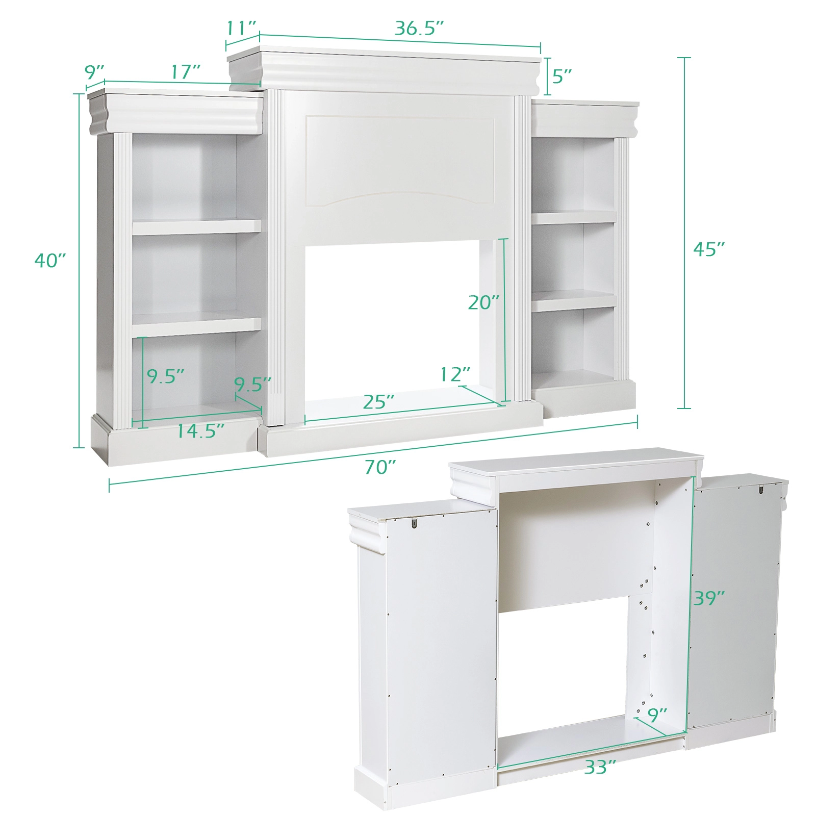 SUGIFT 70-in Modern Fireplace Media Entertainment Center TV Stand Bookcase 44-lb Tabletop Capacity 22-lb Shelf Capacity