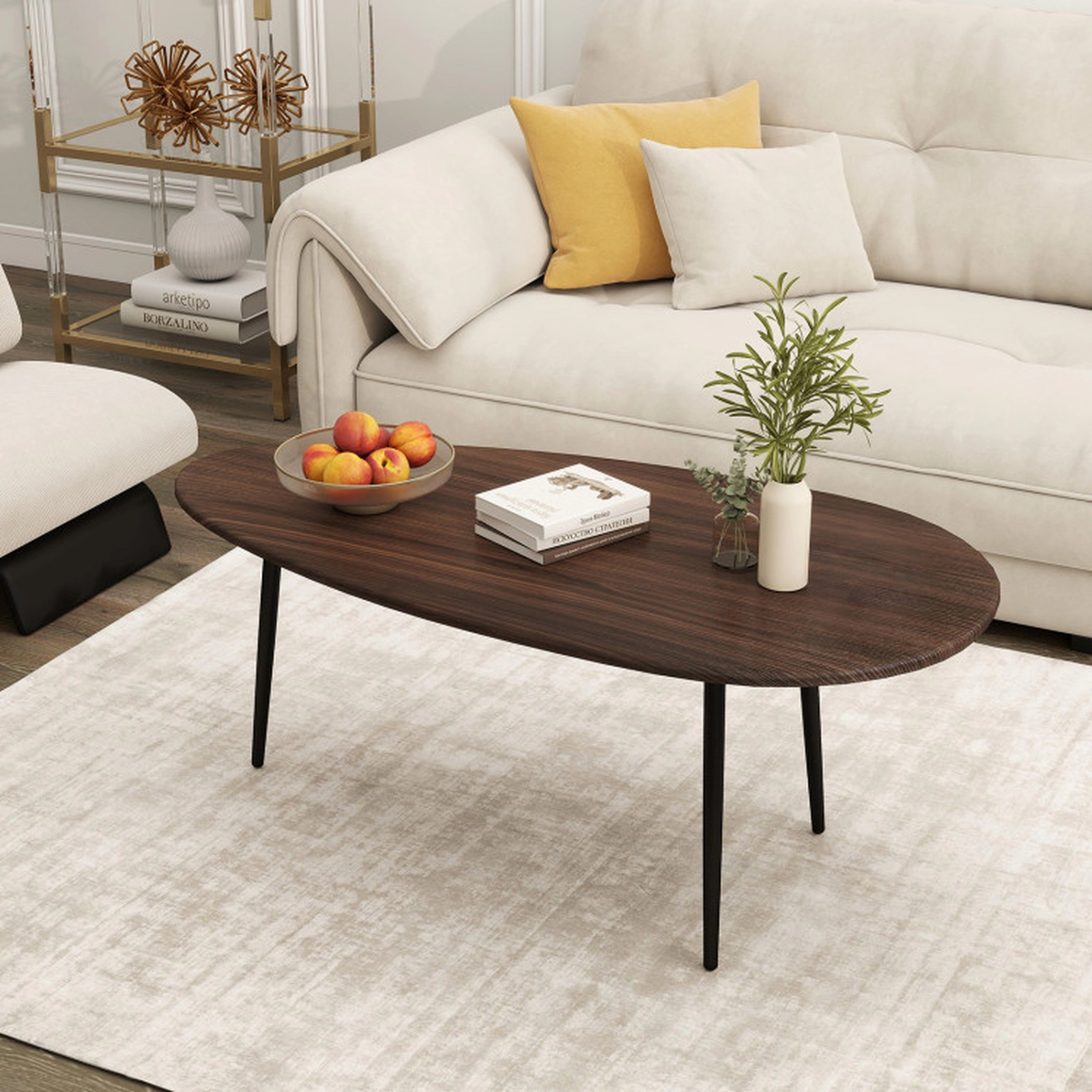 SUGIFT 42.5-in 99-lb Capacity Oval Mid Century Walnut Coffee Table with Metal Frame and Adjustable Pads