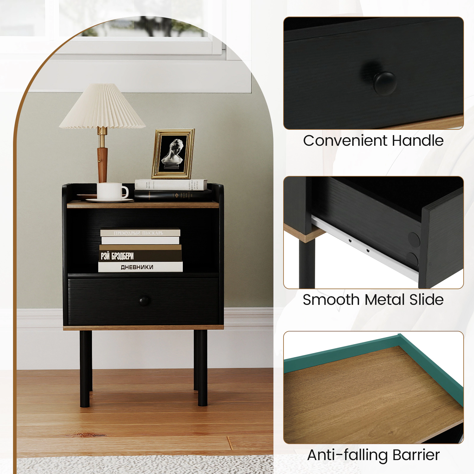 SUGIFT 3-Tier Nightstand with Drawer and Open Storage Shelf 66-lb Tabletop Capacity 16-in Wide Frame Black & Natural