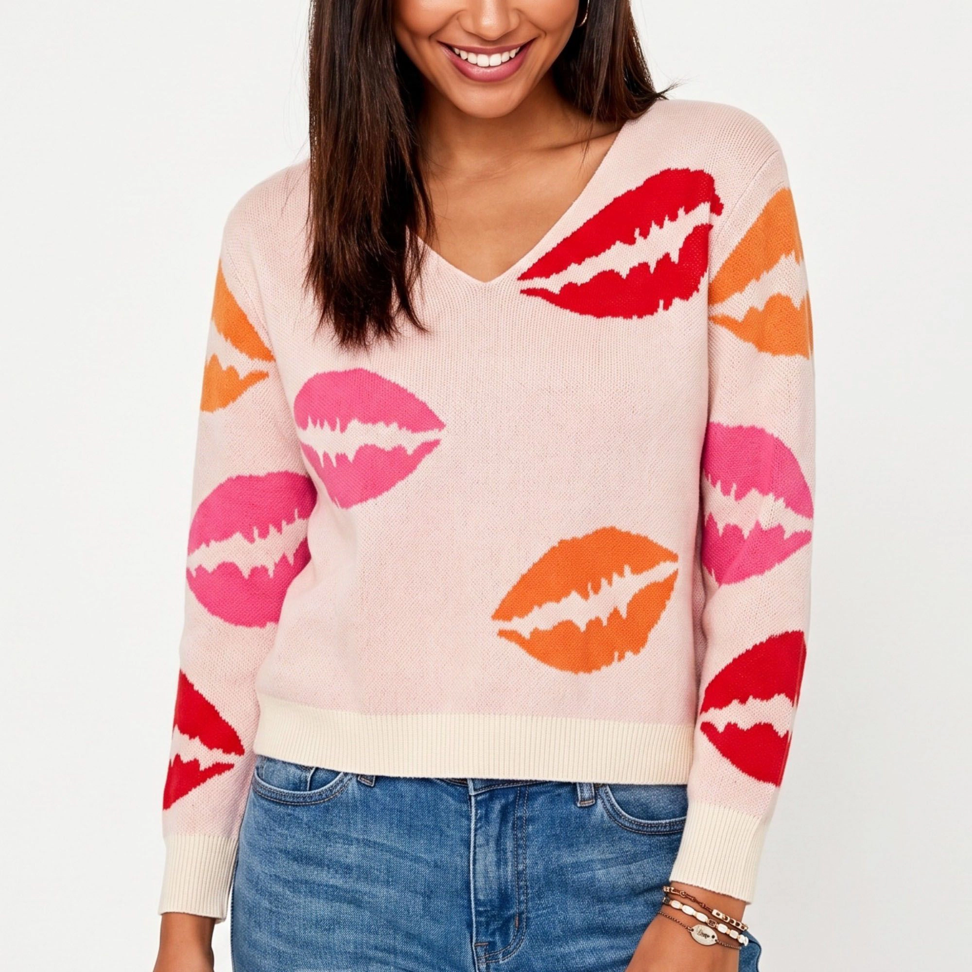 Anna-Kaci Women's Lip Print V-Neck Long Sleeve Knit Sweater