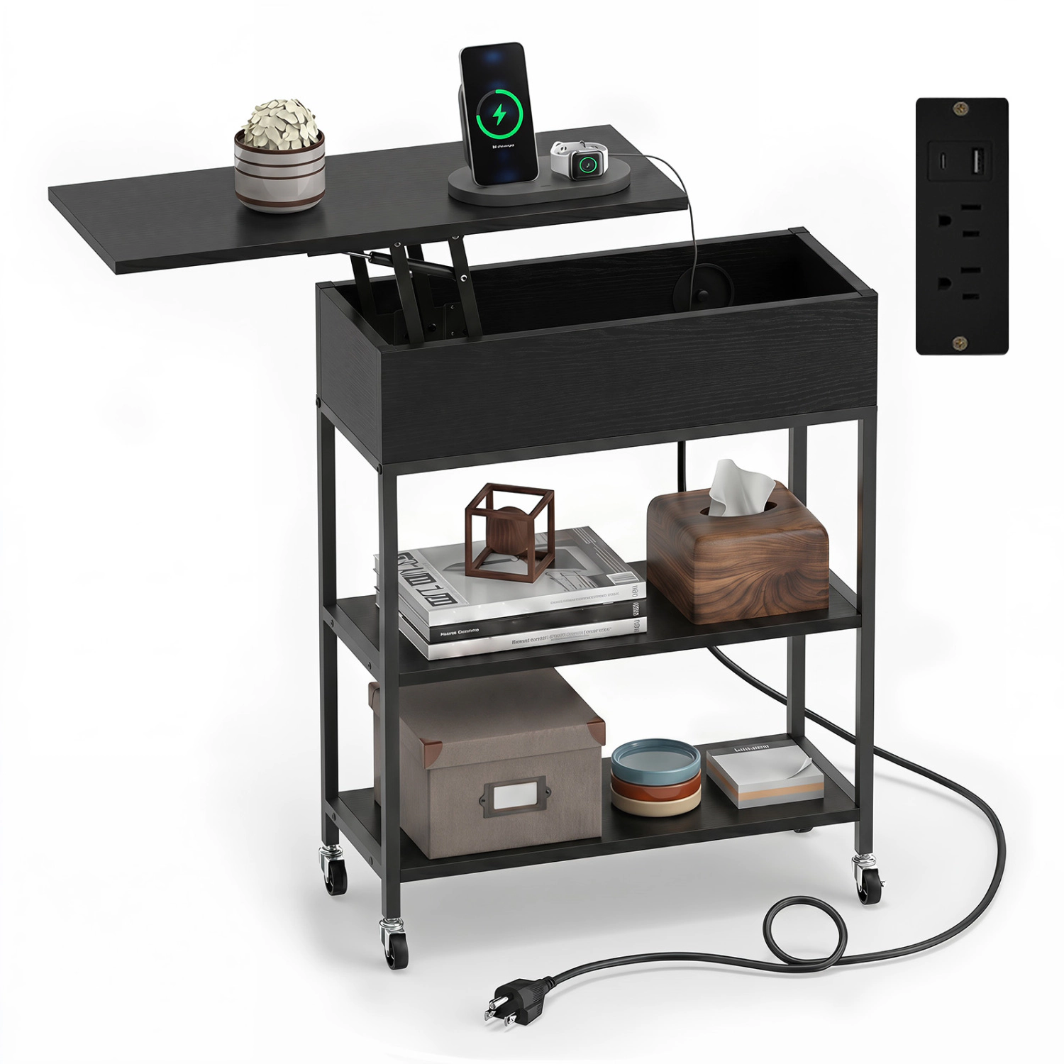 Glintex Narrow Lift-Top End Table with Gas Struts Charging Station and Casters, Black
