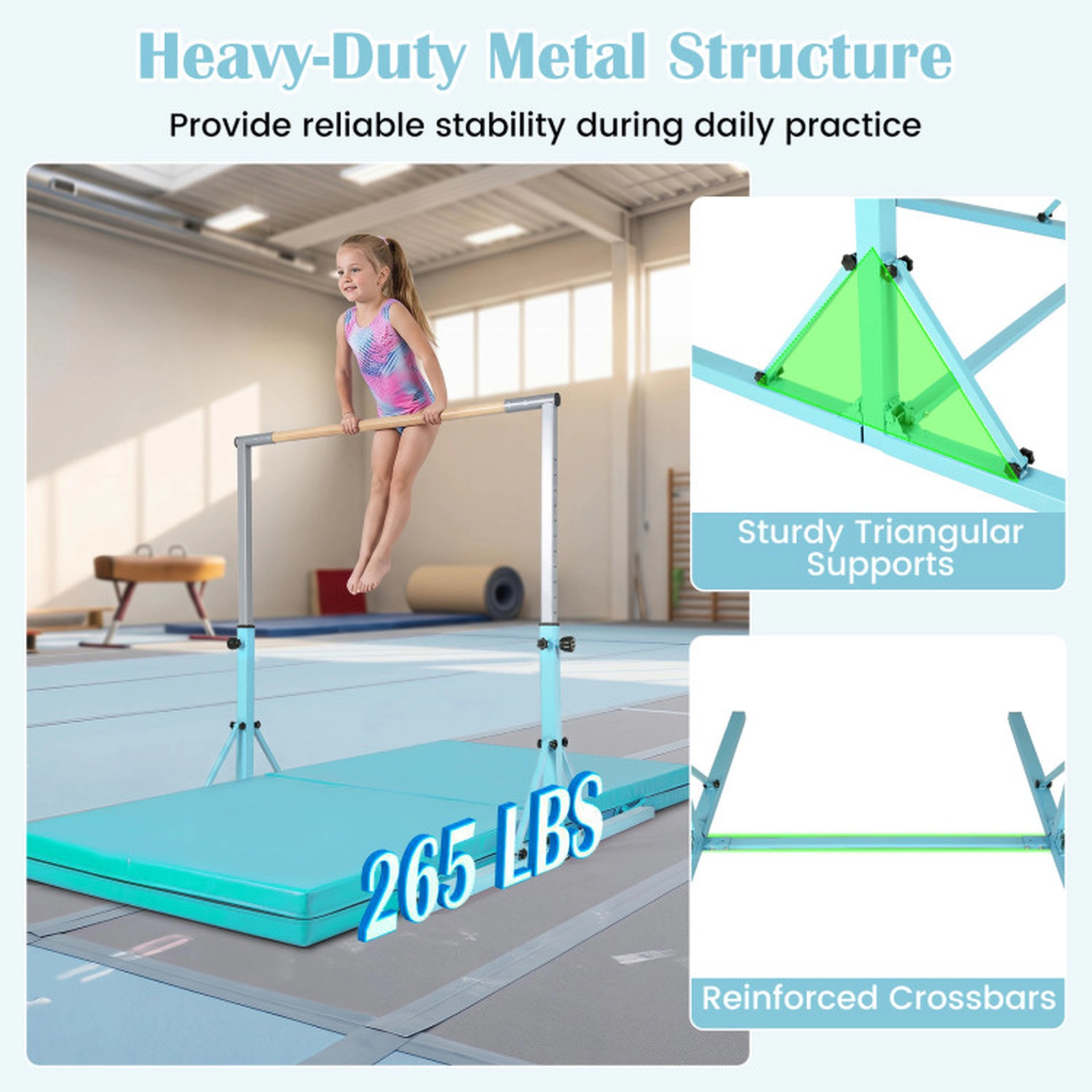 SUGIFT Kids Green Folding Gymnastics Bar with 13-Level Adjustable Height 68-in W 54-in D 265-lb User Capacity