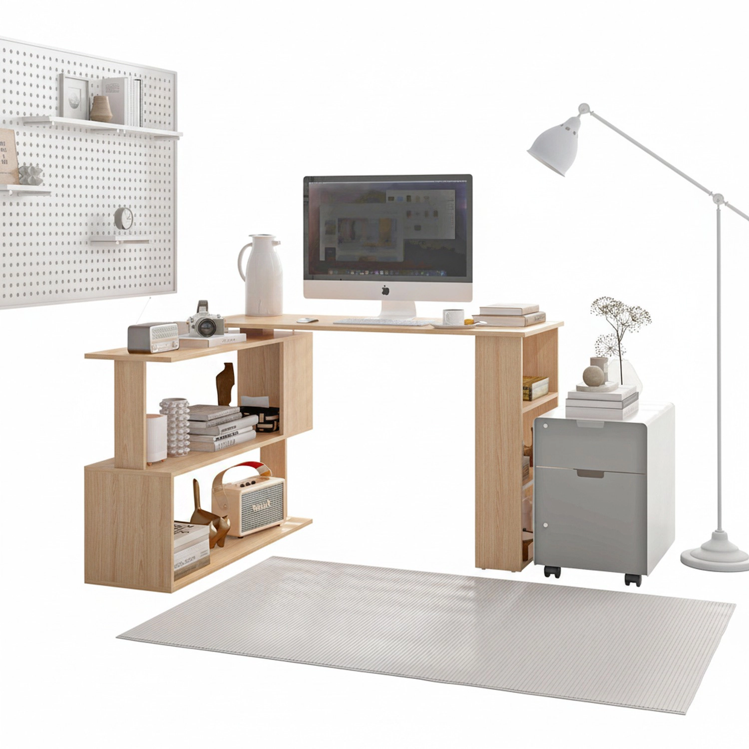 HONGGE 360-Degree Rotating L-Shaped Corner Computer Desk with Storage Shelves and Bookcase