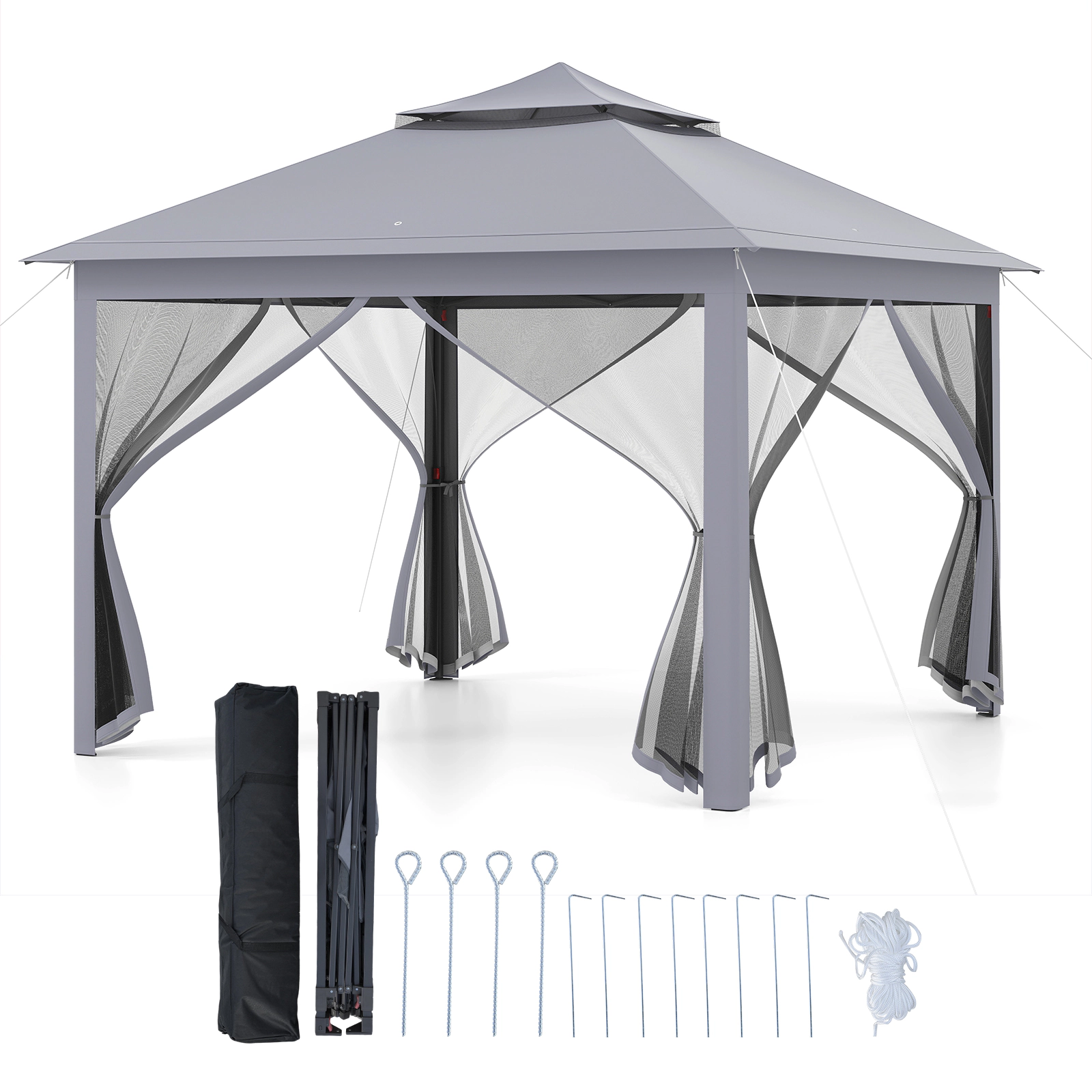 SUGIFT 2-Tier Pop-Up Gazebo Tent with Mesh Screens 11 x 11-ft Portable Canopy Shelter with Carry Bag Brown/Beige