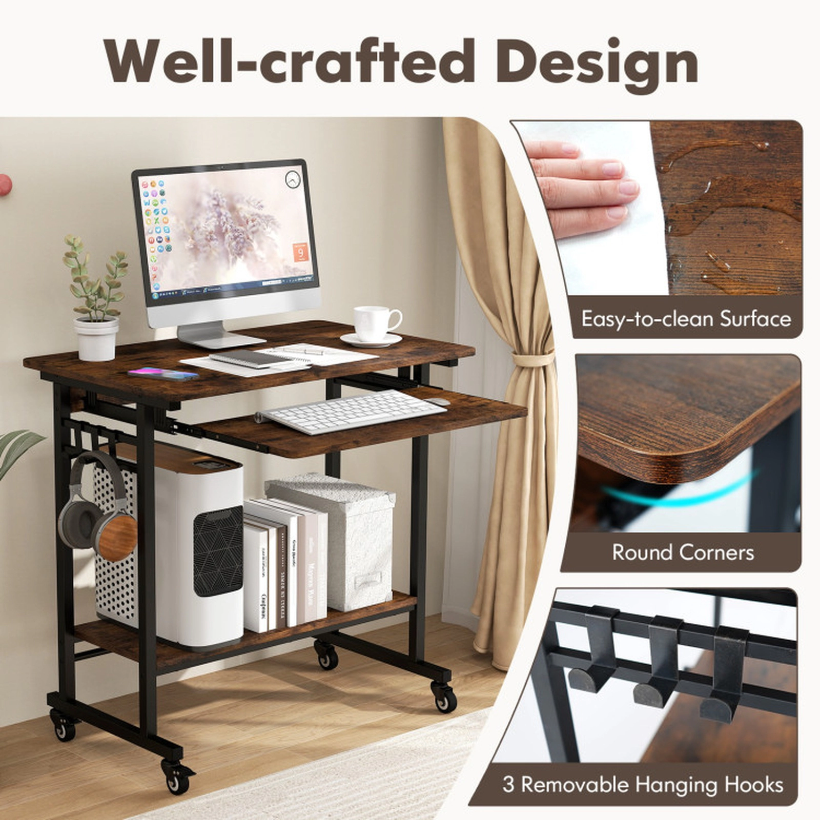 SUGIFT 31.5-in 160-lb Capacity Rolling Laptop Desk with Pull-Out Keyboard Tray 3 Hooks and Locking Casters