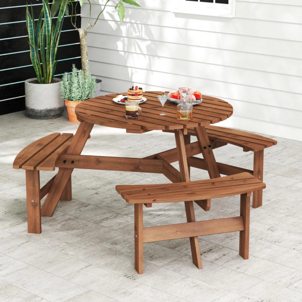 Hivvago 6-Person Round Picnic Table Set With 3 Built-In Benches And Umbrella Hole