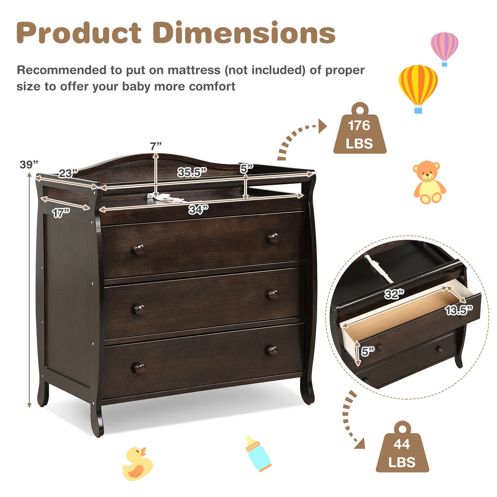 SUGIFT Brown Wood Baby Changing Table Dresser, 3 Drawers and Safety Belt