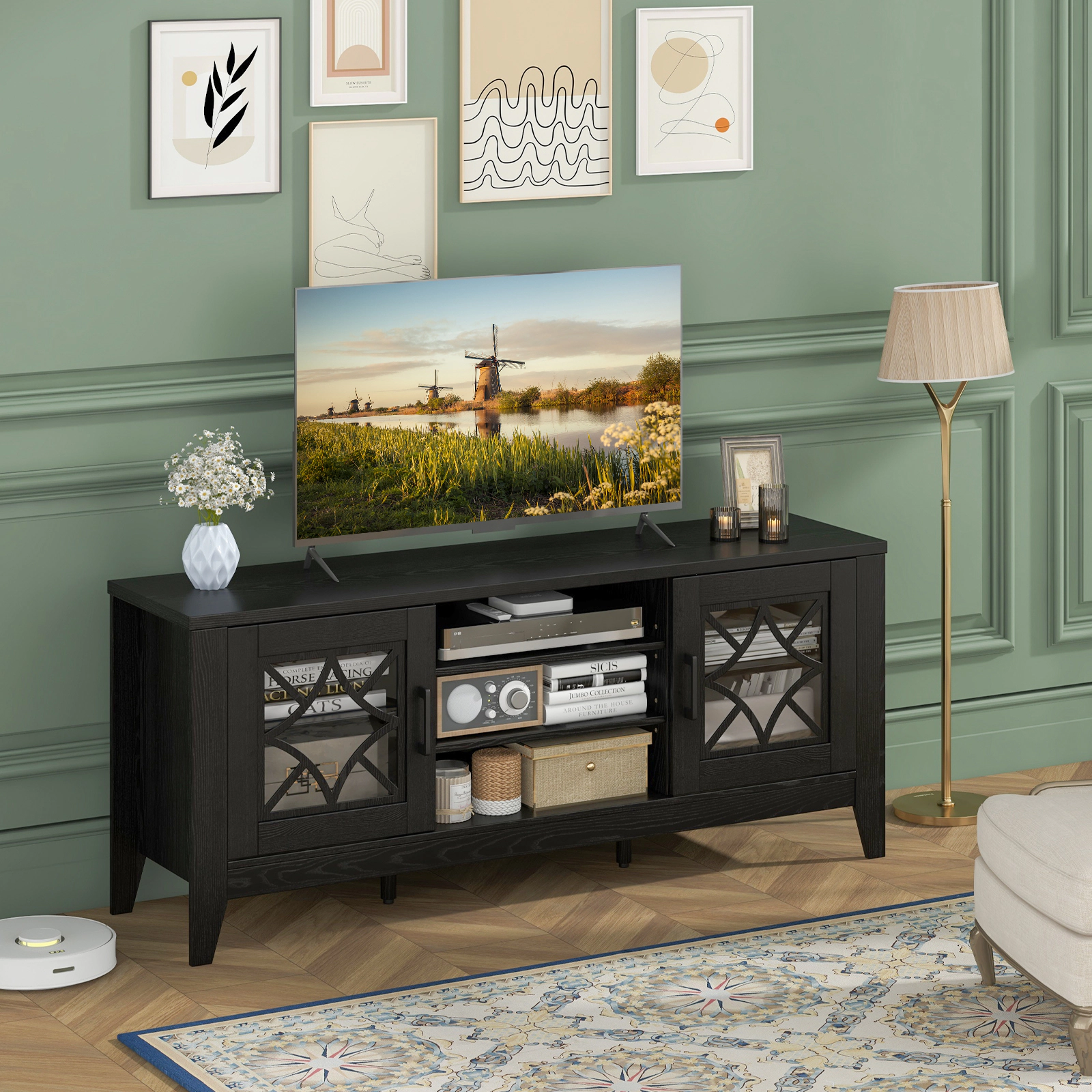 Hivvago Farmhouse TV Stand for TVs Up to 65 Inches 4 Adjustable Shelves