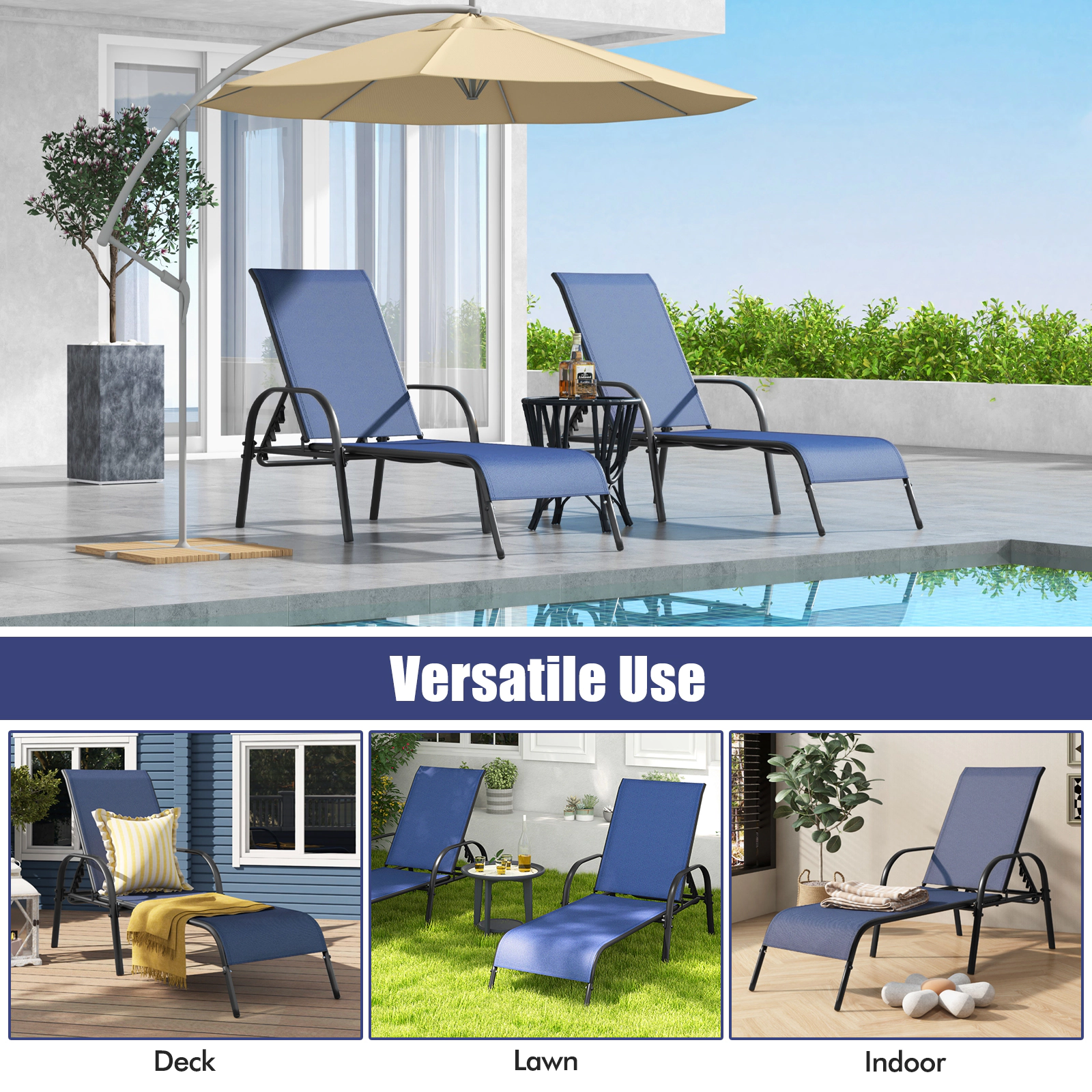 SUGIFT 350-lb Capacity Navy 5-Position Adjustable Folding Chaise Lounge Chair with Powder Coated Steel Frame