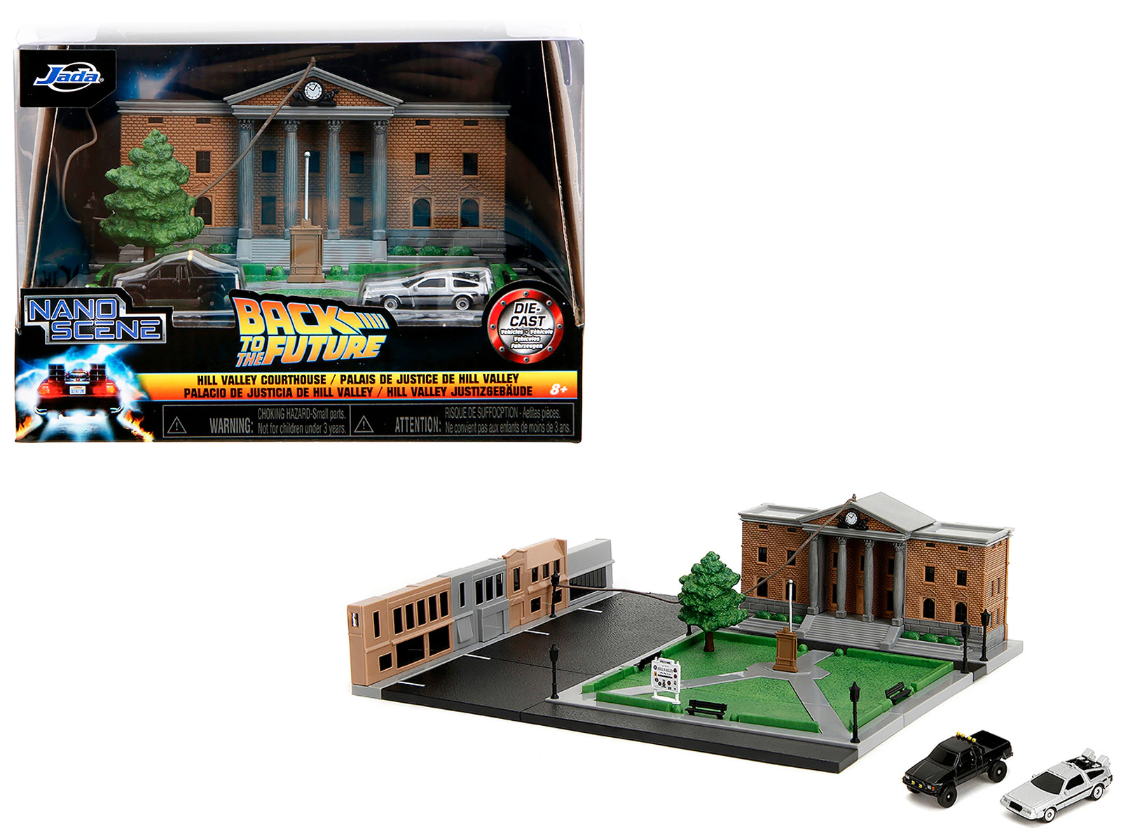 Jada Hill Valley Courthouse Diorama with Black Pickup Truck and Delorean "Back to the Future" (1985) Movie