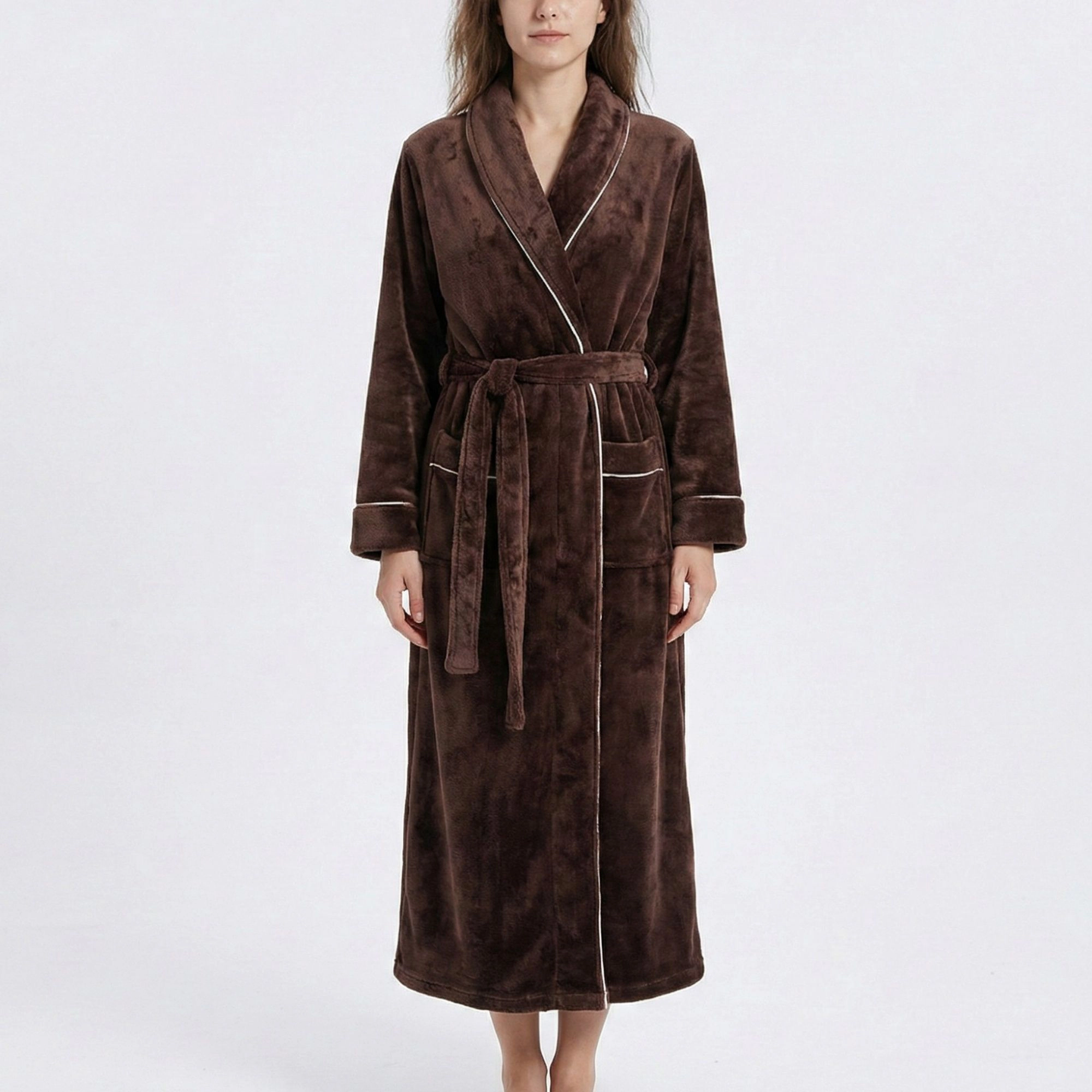 Anna-Kaci Women's Plush Long Sleeve Wrap Bathrobe with Waist Tie Belt and Front Patch Pockets