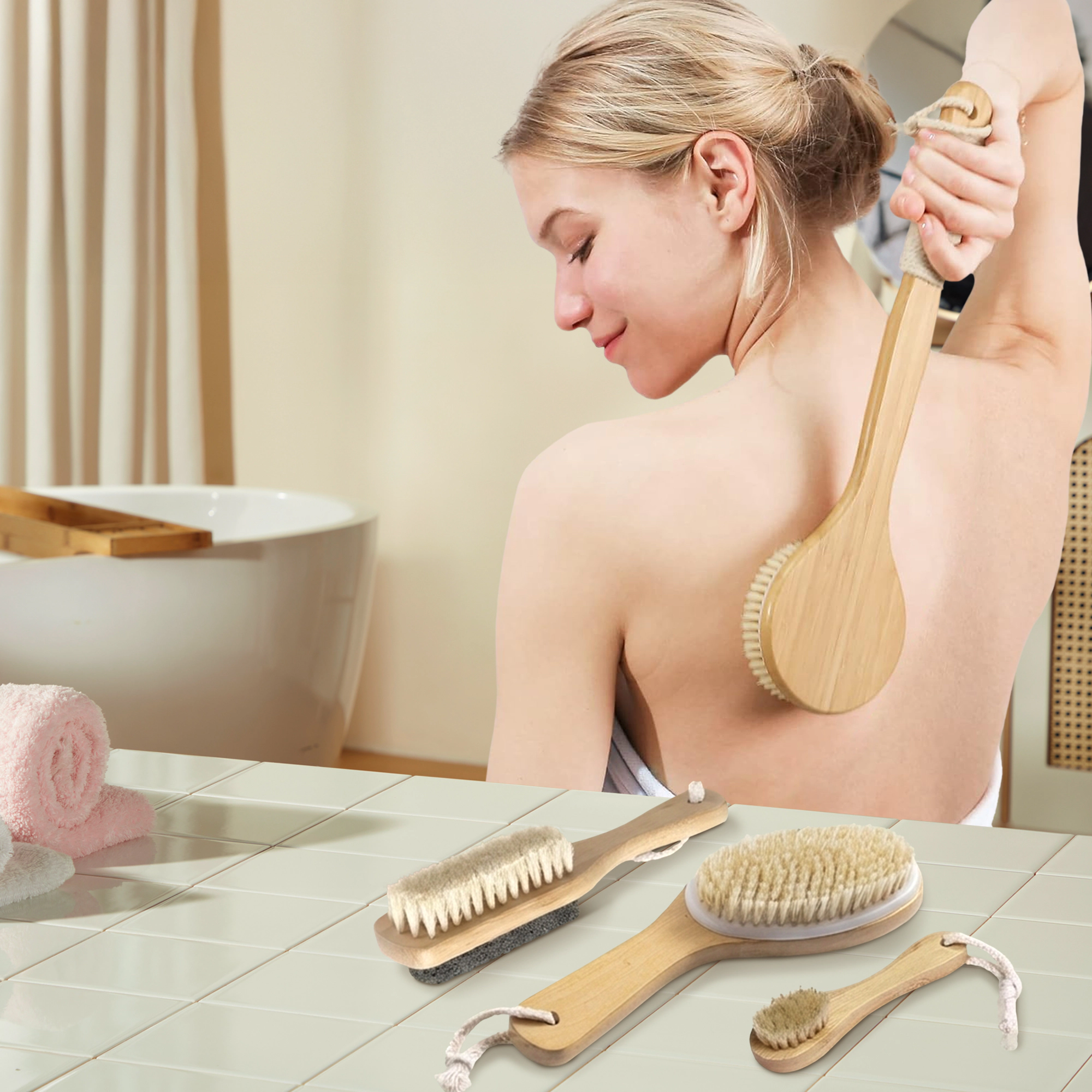 Cheer Collection 4 Piece Natural Bristle Shower Brush Set for Wet and Dry Body Exfoliation