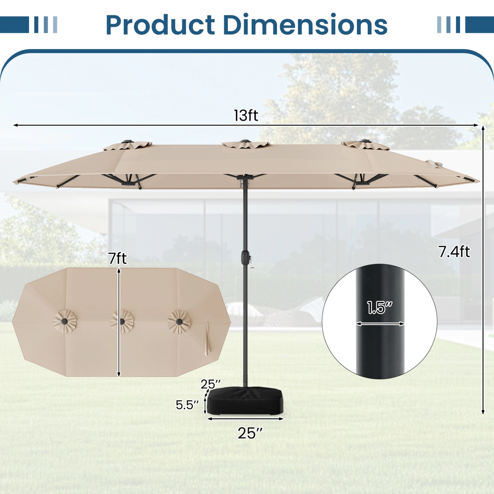 SUGIFT 13-ft Beige Rectangular Double-Sided Patio Umbrella with 36 Solar LED Lights 12 Ribs and Cross Base