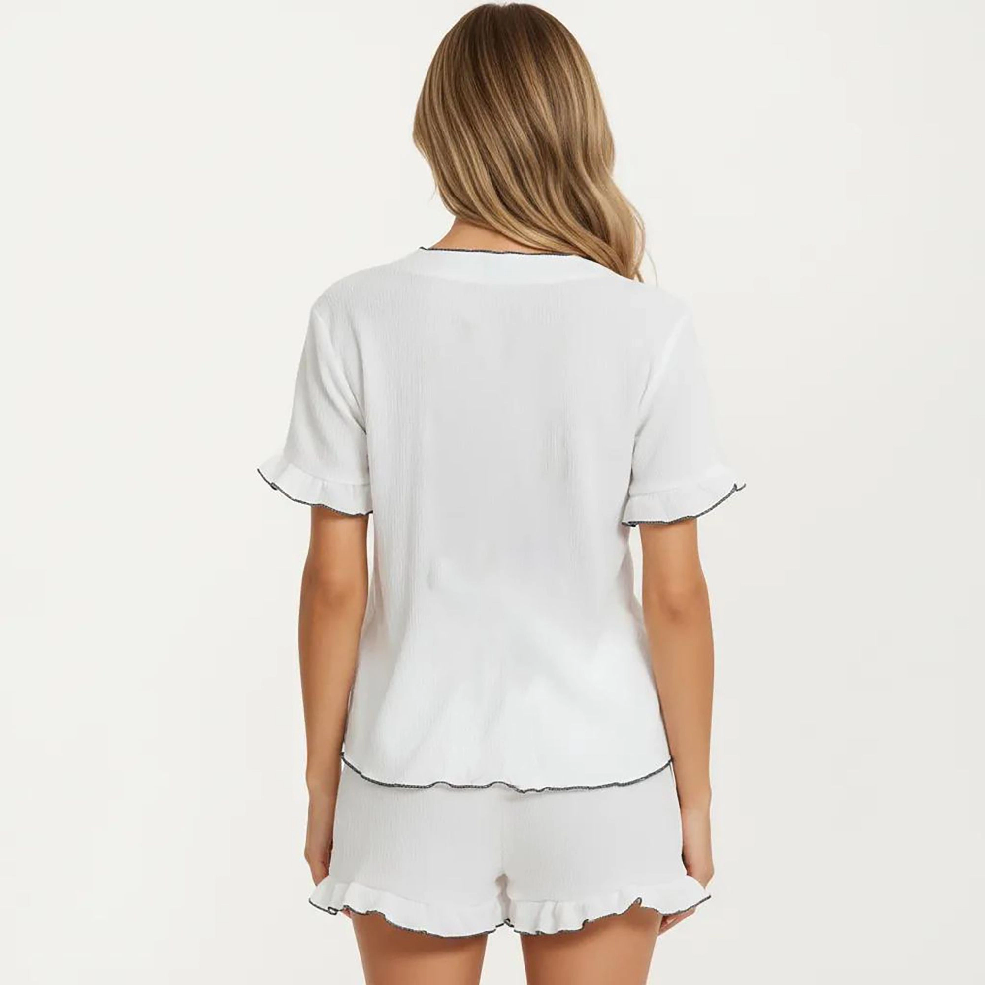 Anna-Kaci Women's 2-Piece Short Sleeve V Neck Tie Front Pajama Top with Ruffle Hem Shorts Sleepwear Set